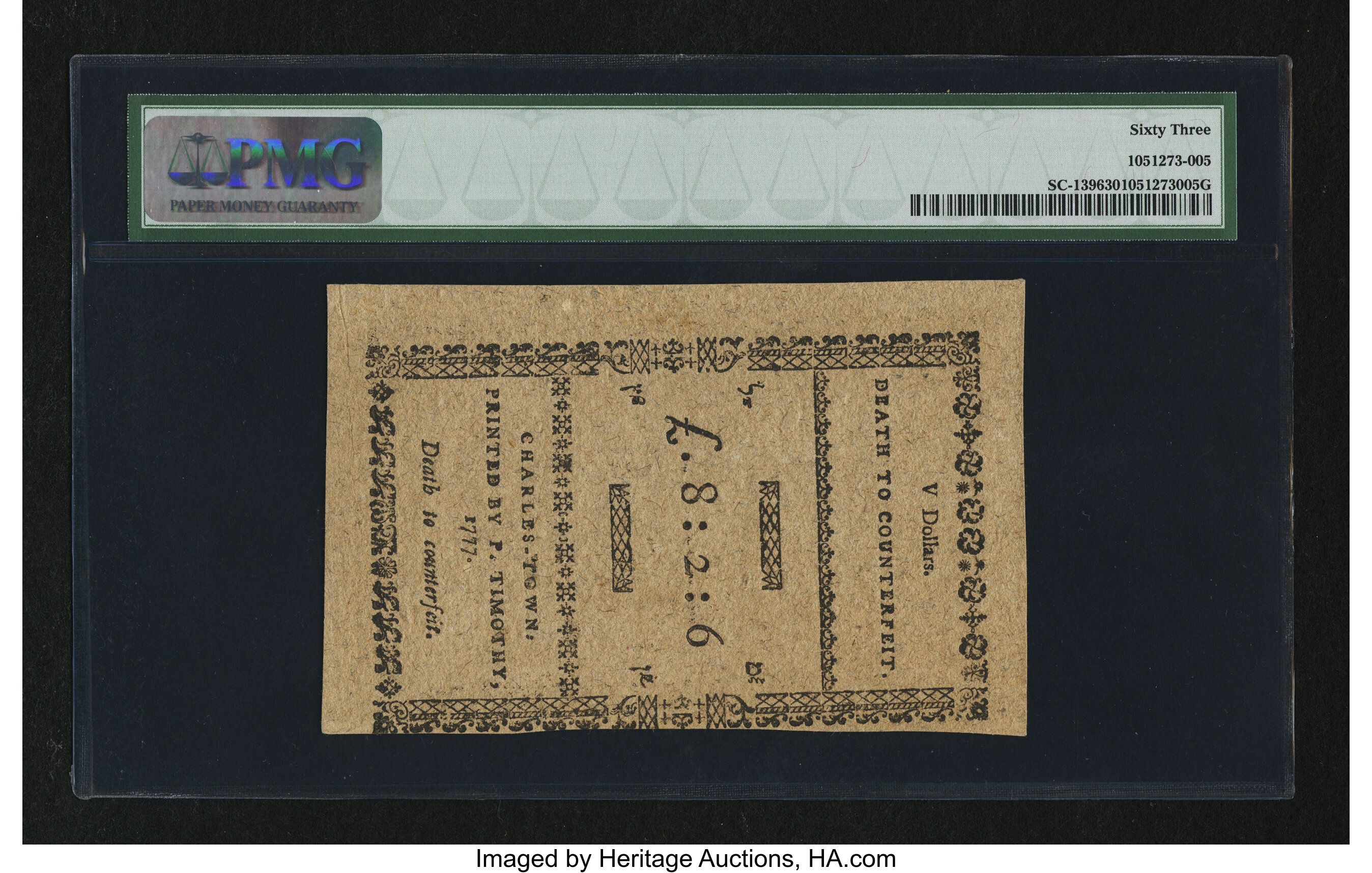 image for: South Carolina December 23, 1776 $5 PMG Choice Uncirculated 63....