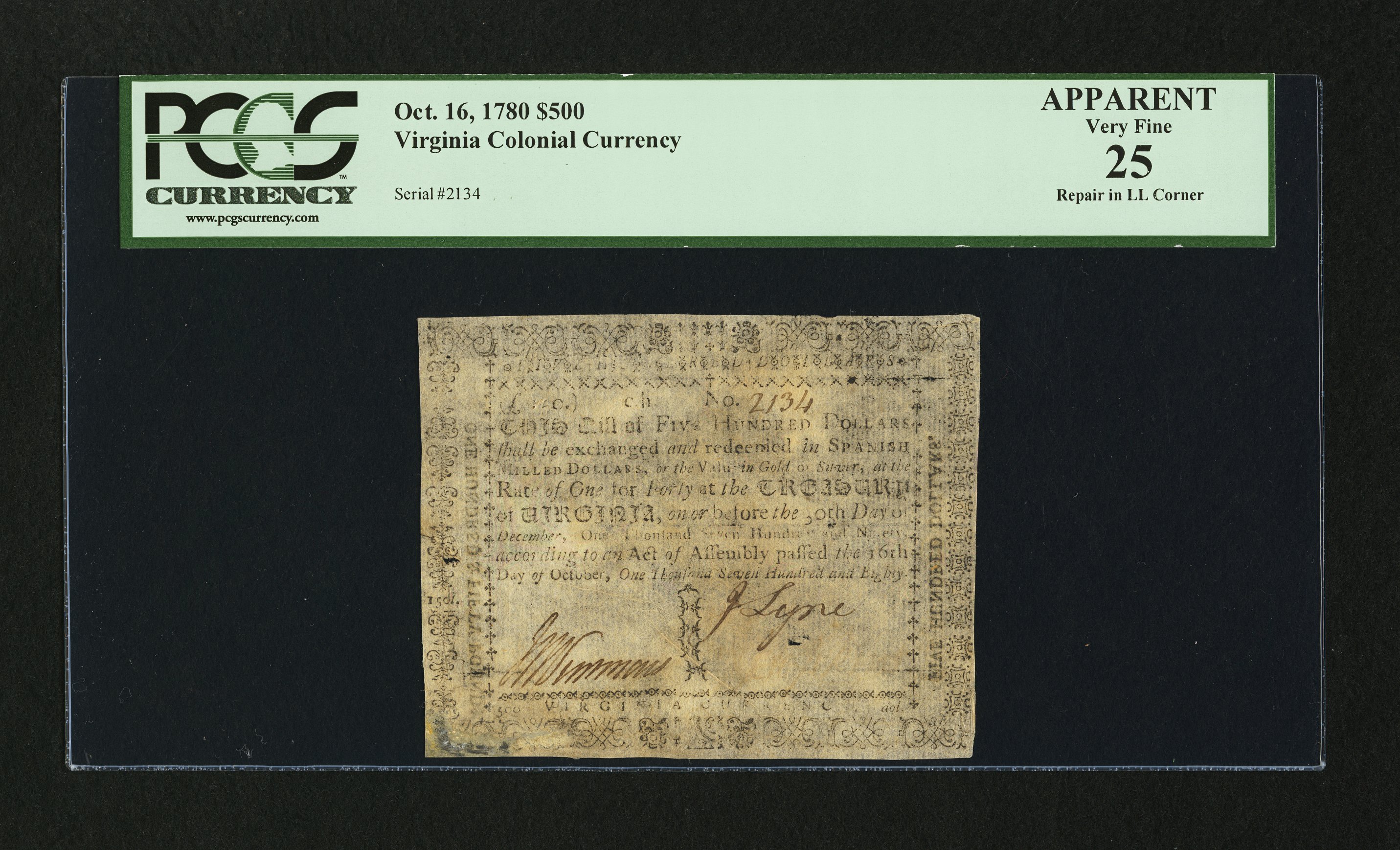 image for: Virginia October 16, 1780 $500 PCGS Apparent Very Fine 25....