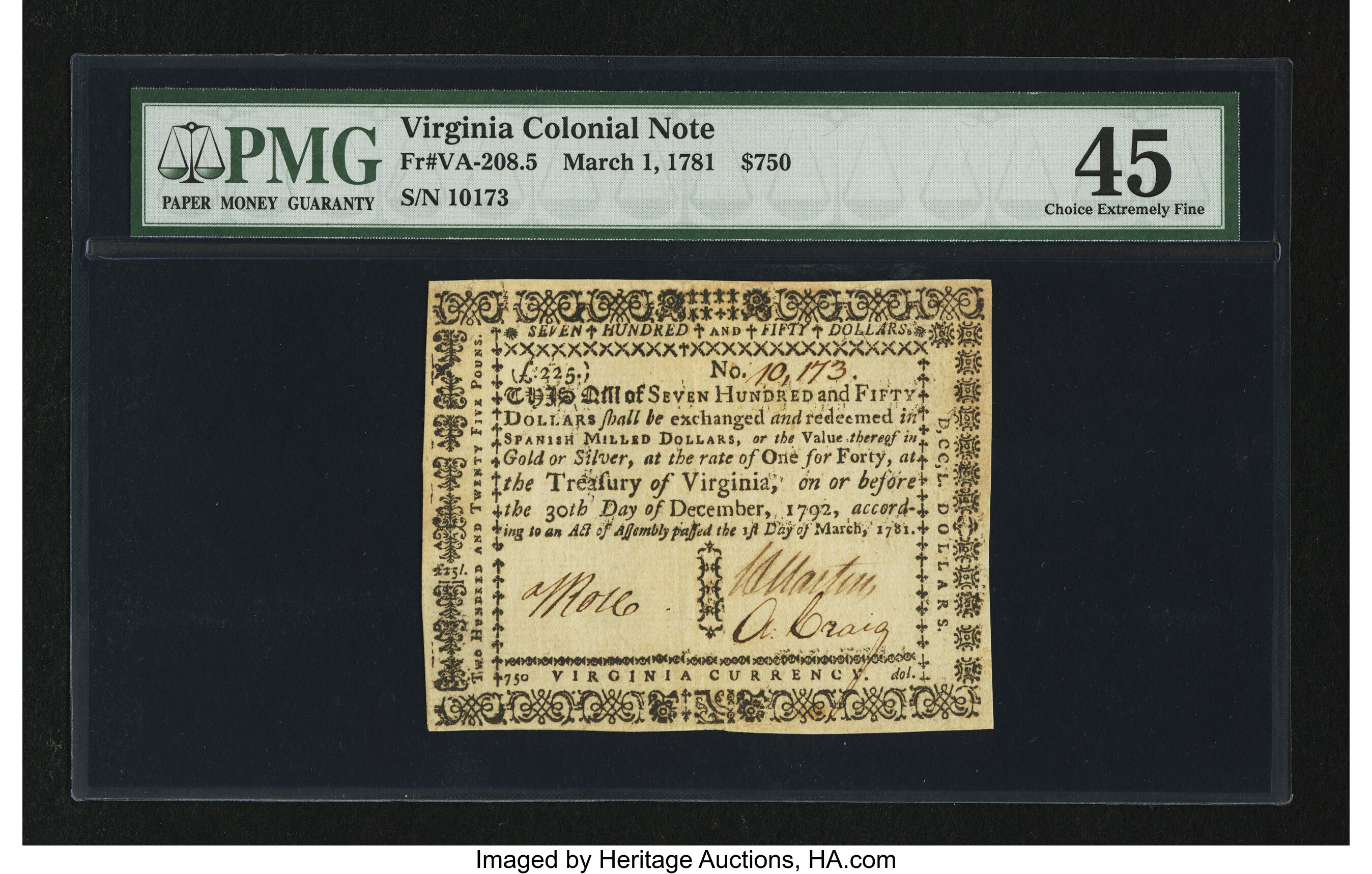 image for: Virginia March 1, 1781 $750 PMG Choice Extremely Fine 45....