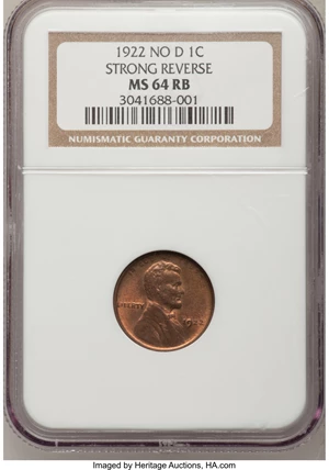 image for: 1922 No D 1C Strong Reverse MS64 Red and Brown NGC. FS-401. Die Pair 2. ...