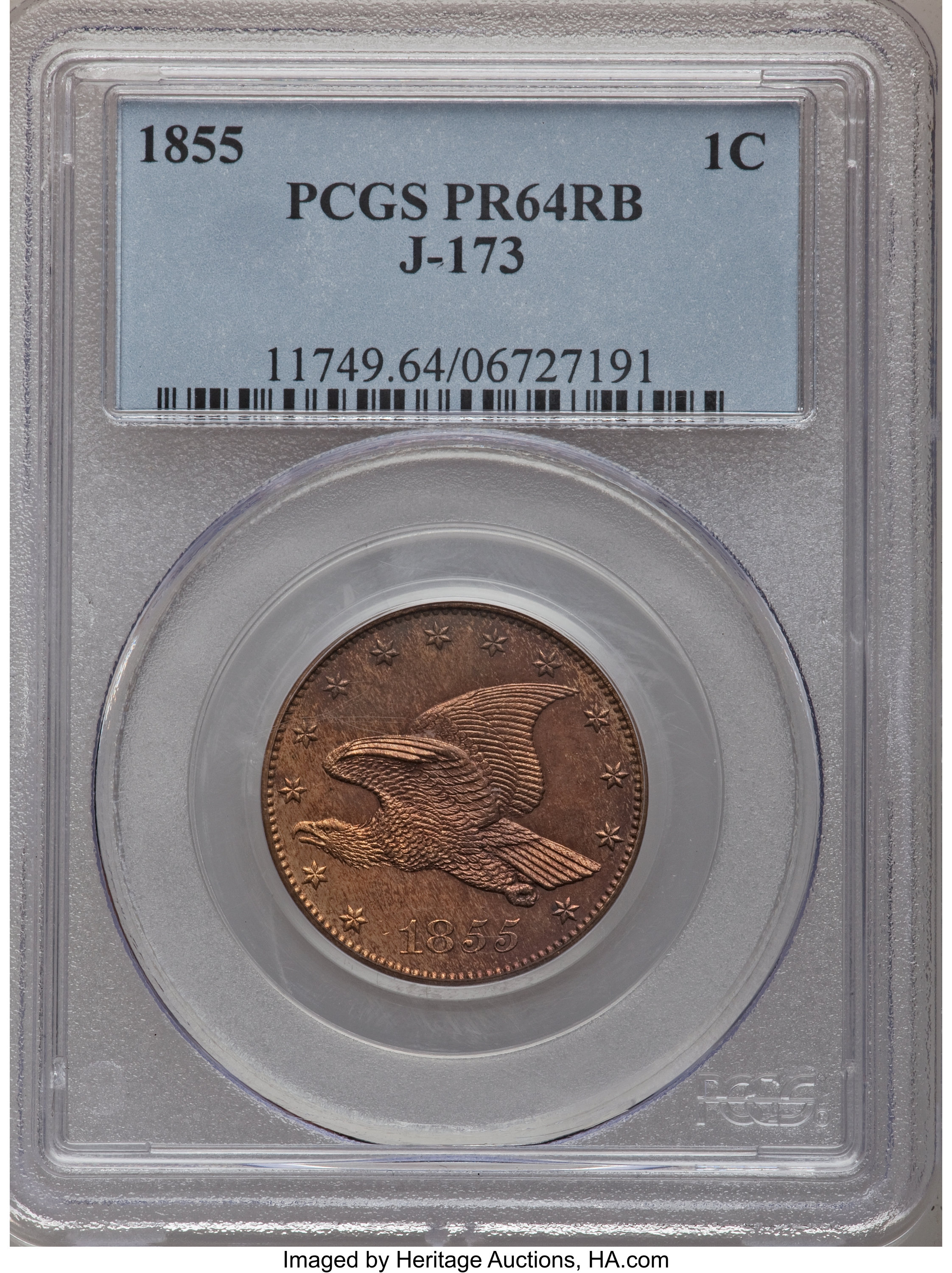 image for: 1855 P1C Flying Eagle Cent, Judd-173, Pollock-198, Low R.7, PR64 Red and Brown PCGS....