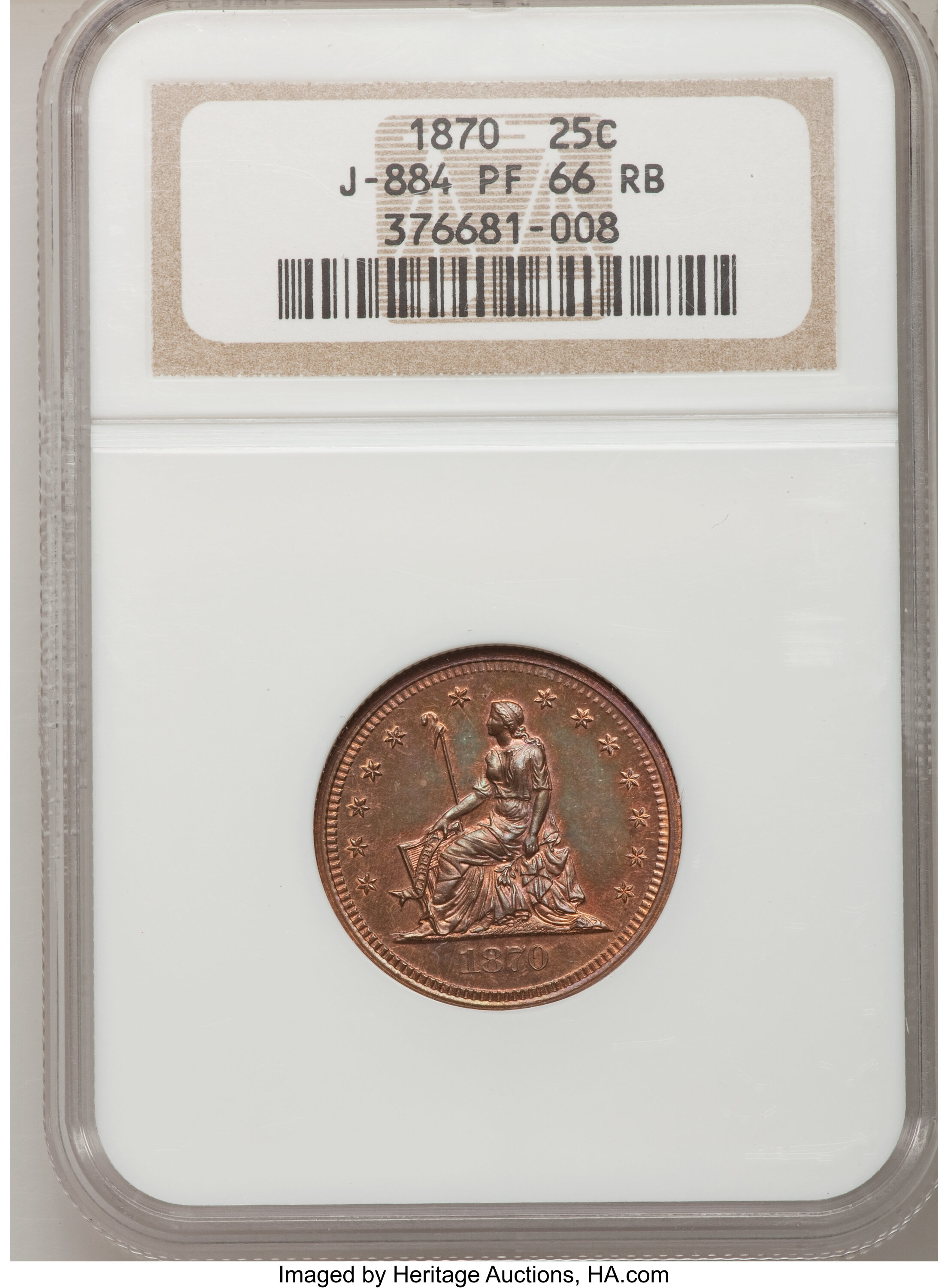 image for: 1870 25C Quarter Dollar, Judd-884, Pollock-982, R.7, PR66 Red and Brown NGC....