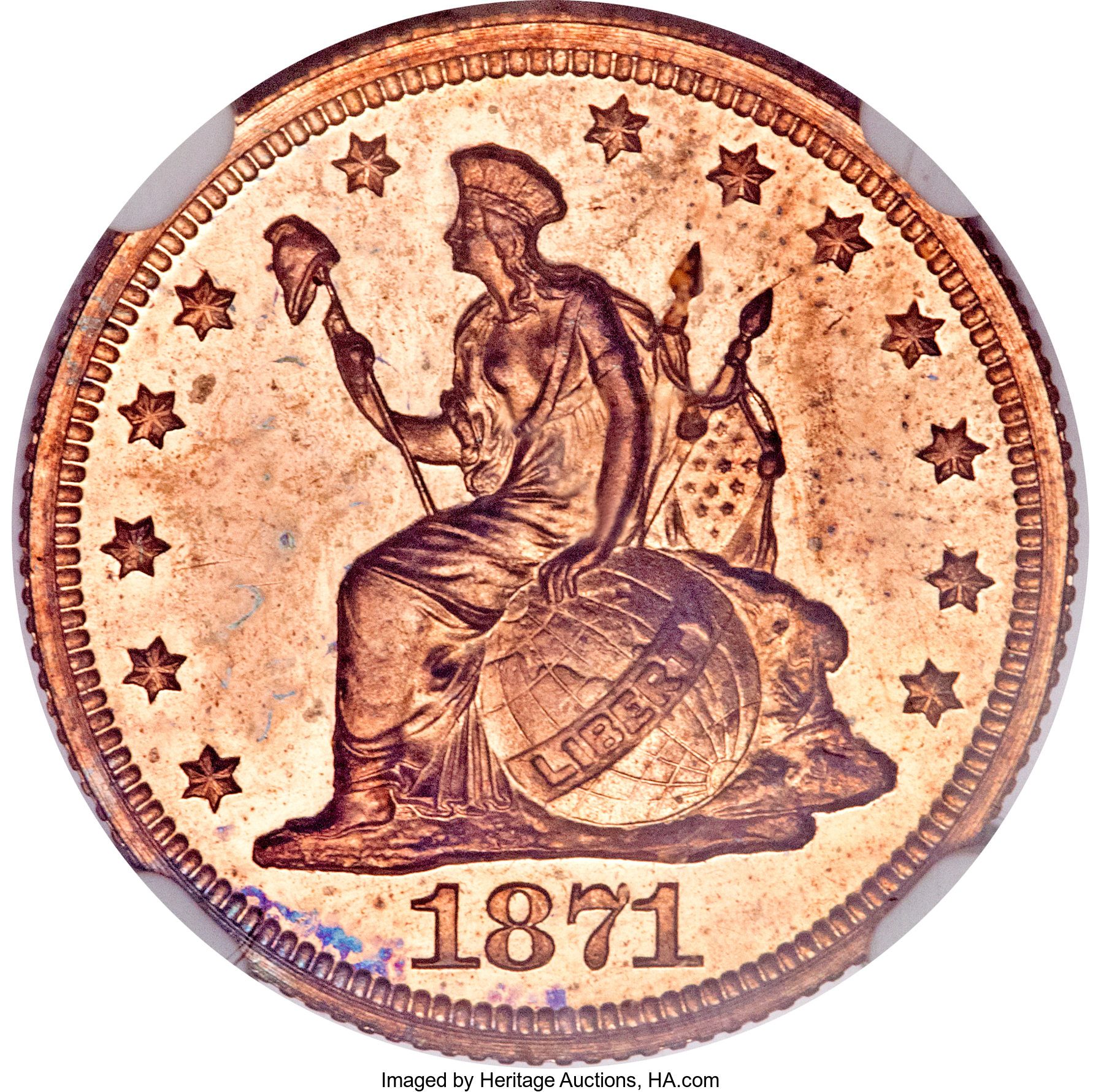 image for: 1871 10C Ten Cents, Judd-1085, Pollock-1221, R.7, PR64 Red and Brown NGC....