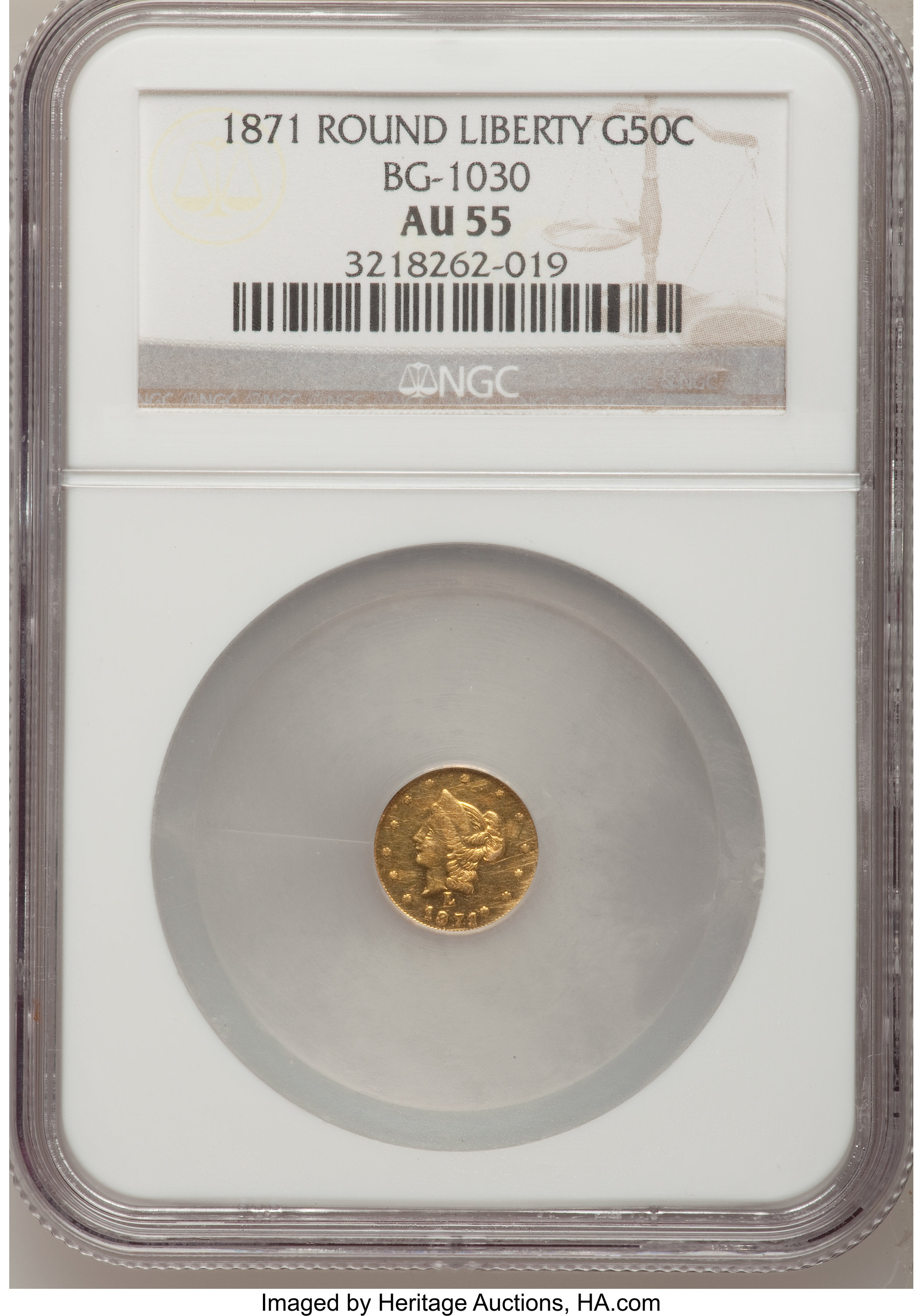 image for: 1871 50C Liberty Round 50 Cents, BG-1030, R.6, AU55 NGC. NGC Census: (0/1). PCGS Population (2/9).   (#10859)...