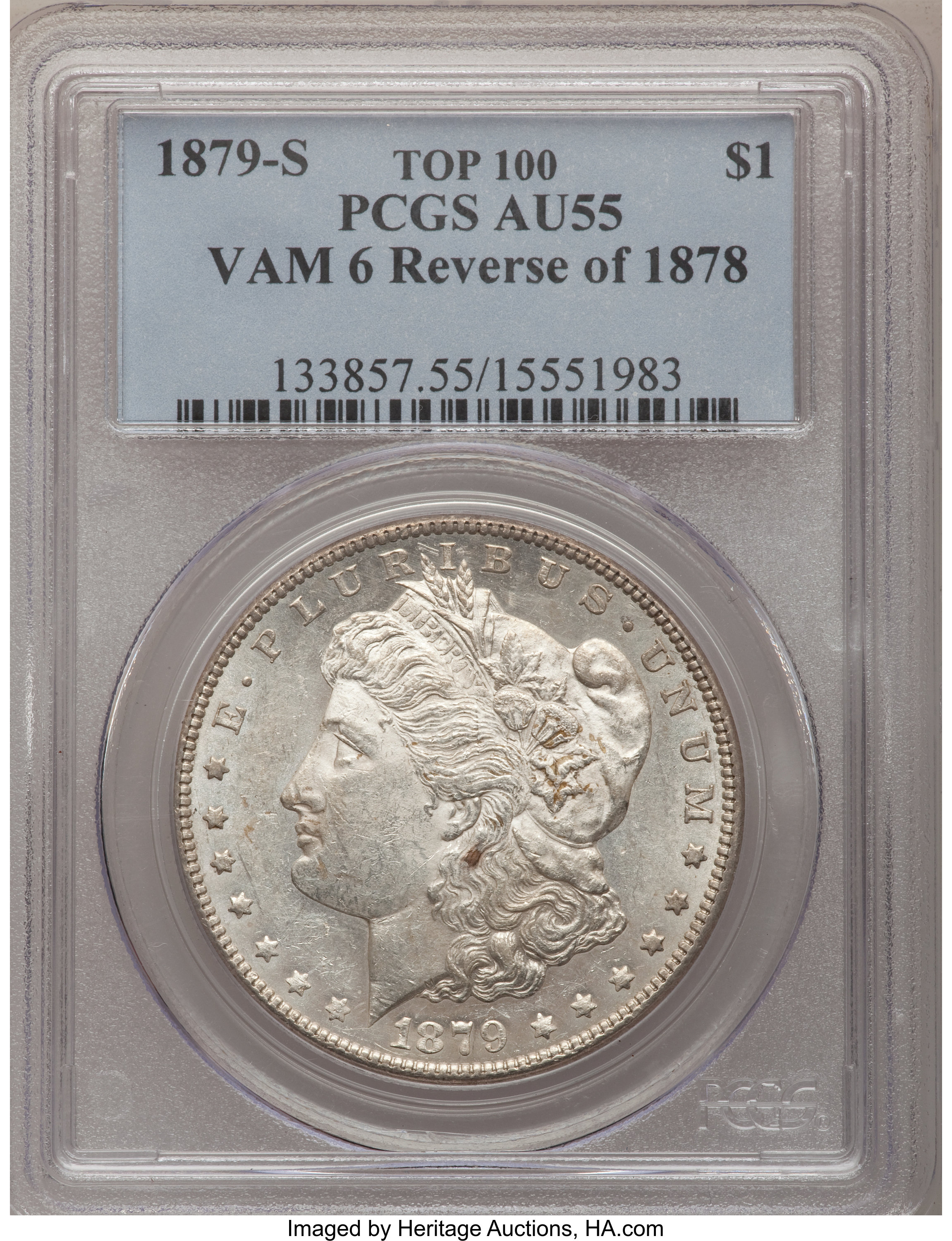 image for: 1879-S $1  Reverse of 1878 AU55 PCGS.  VAM-6. Top-100. PCGS Population (1/5). NGC Census: (0/0).   (#133857)...