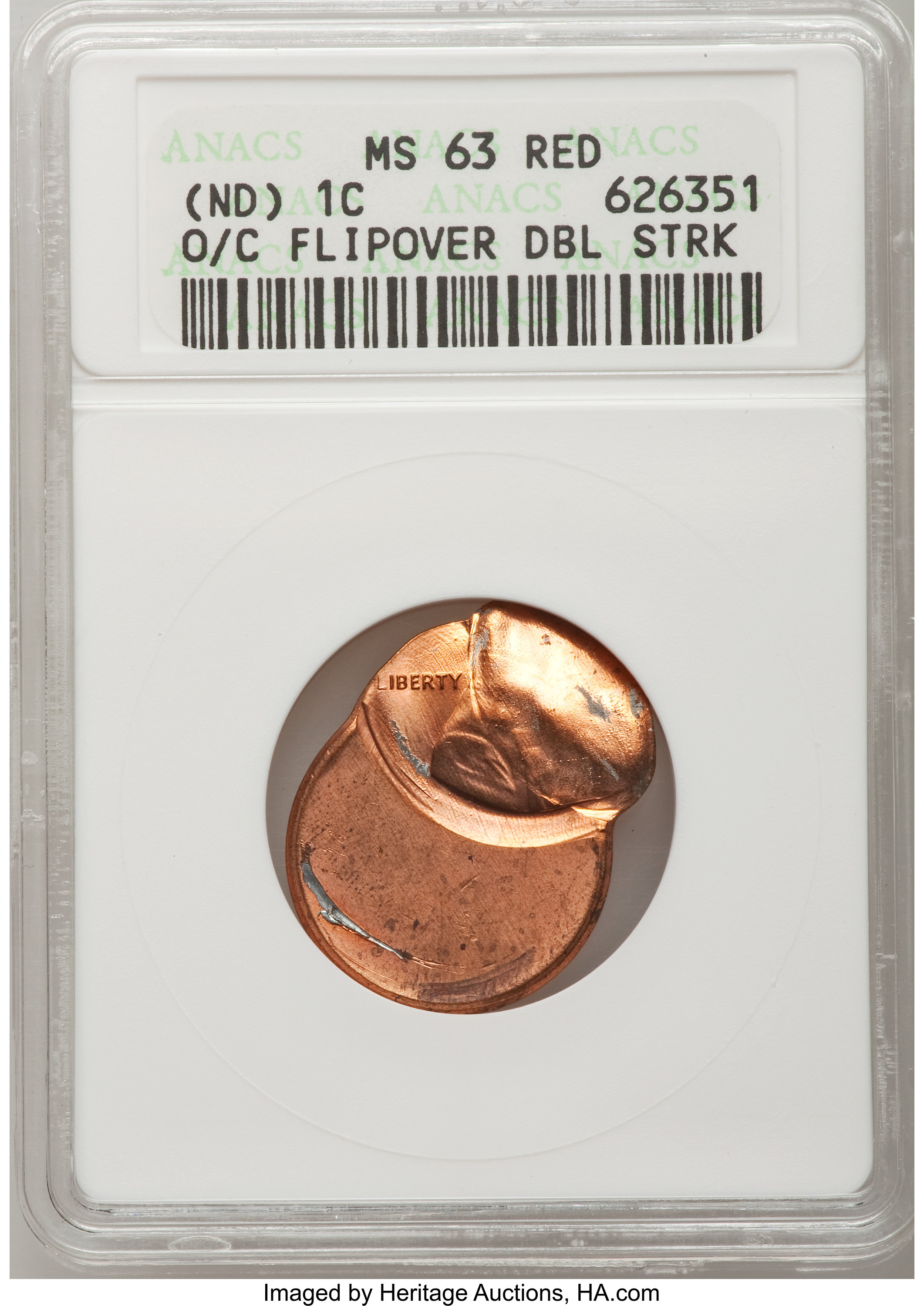 image for: ND 1C Lincoln Cent O/C Flipover DBL Strk MS63 Red ANACS. NGC Census: (1887/178734). PCGS Population (4166/242410).   (#2419...