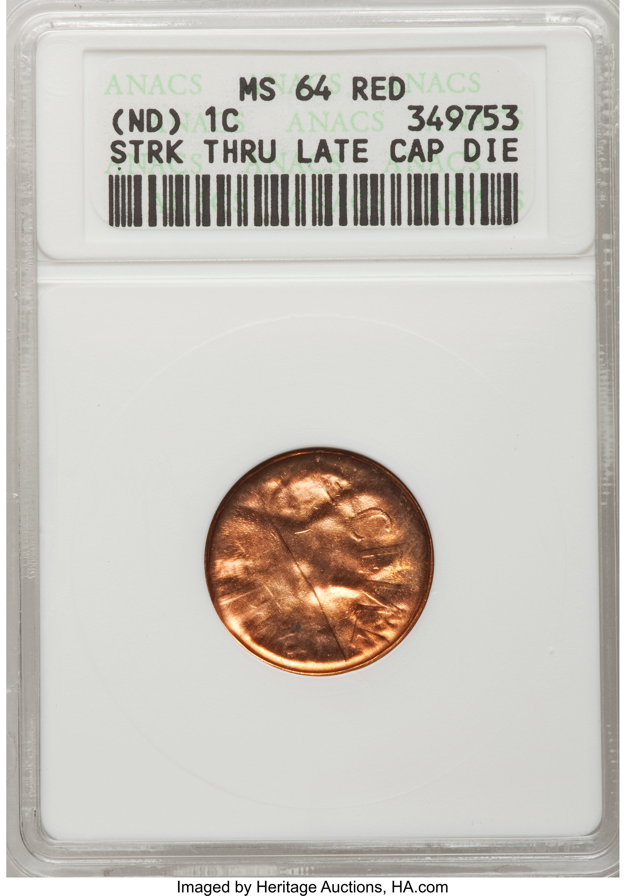 image for: (ND) 1C Lincoln Cent Strk Thru Late Cap Die MS64 Red ANACS. NGC Census: (11727/167007). PCGS Population (34985/207425).   (...