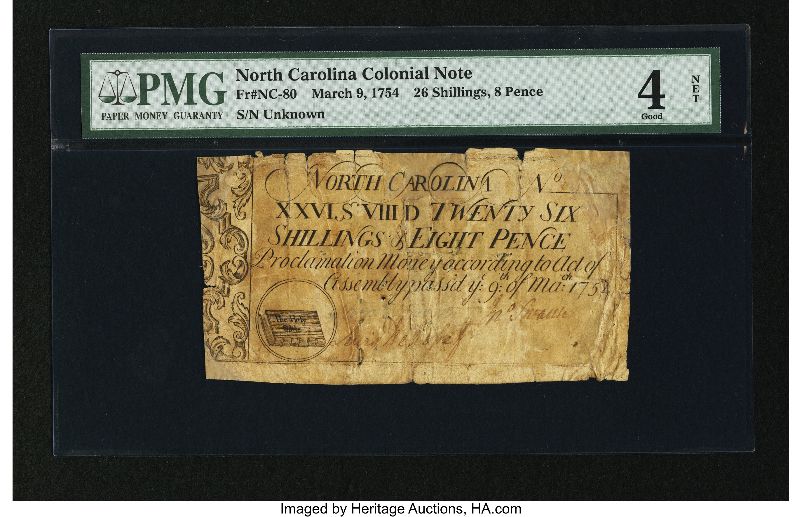image for: North Carolina March 9, 1754 26s/8d PMG Good 4 Net....