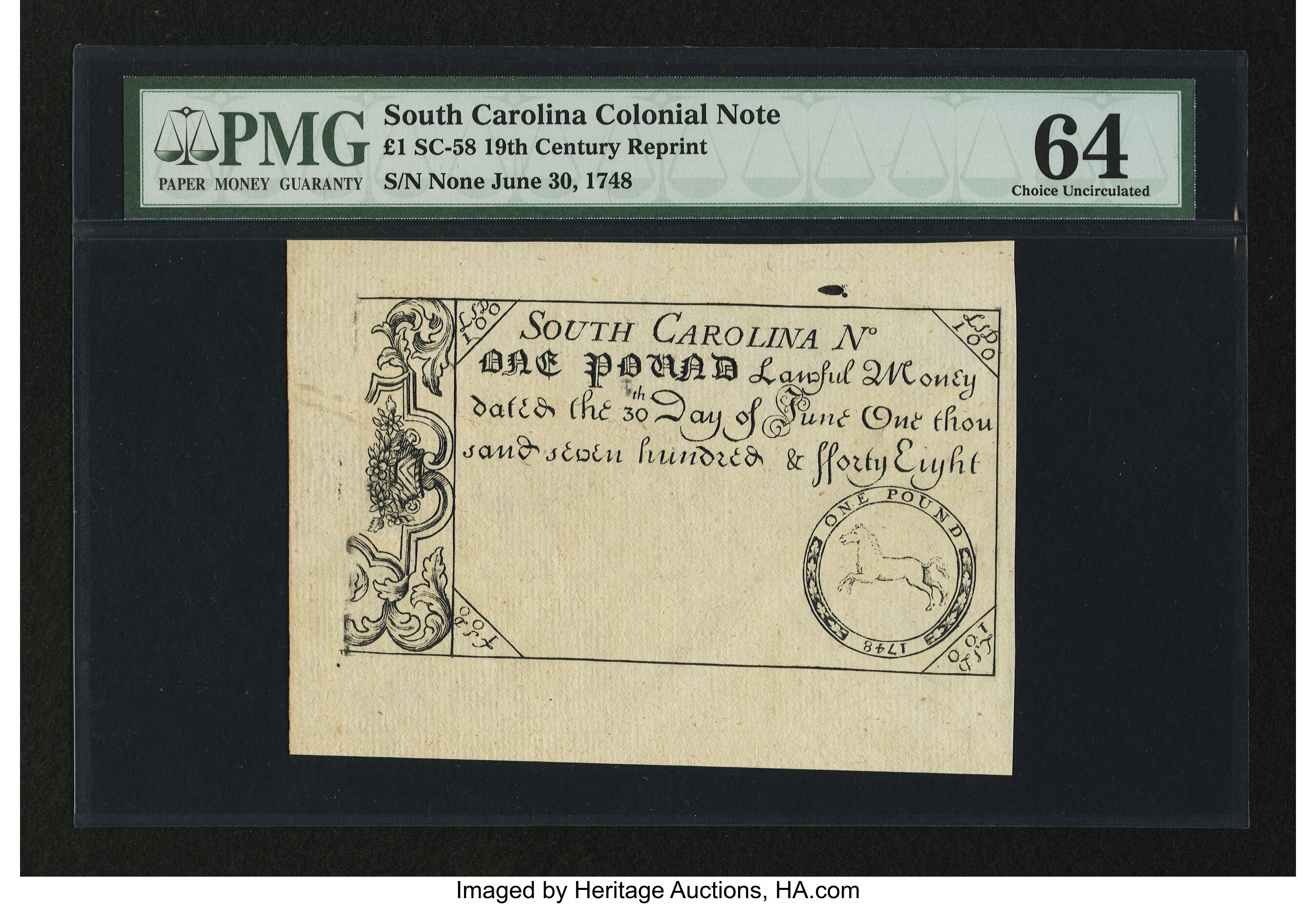 image for: 19th Century Reprint South Carolina June 30, 1748 £1 PMG Choice Uncirculated 64....
