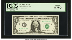 image for: Fr. 1900-B $1 1963 Federal Reserve Note. B-C Block. PCGS Gem New 65PPQ....