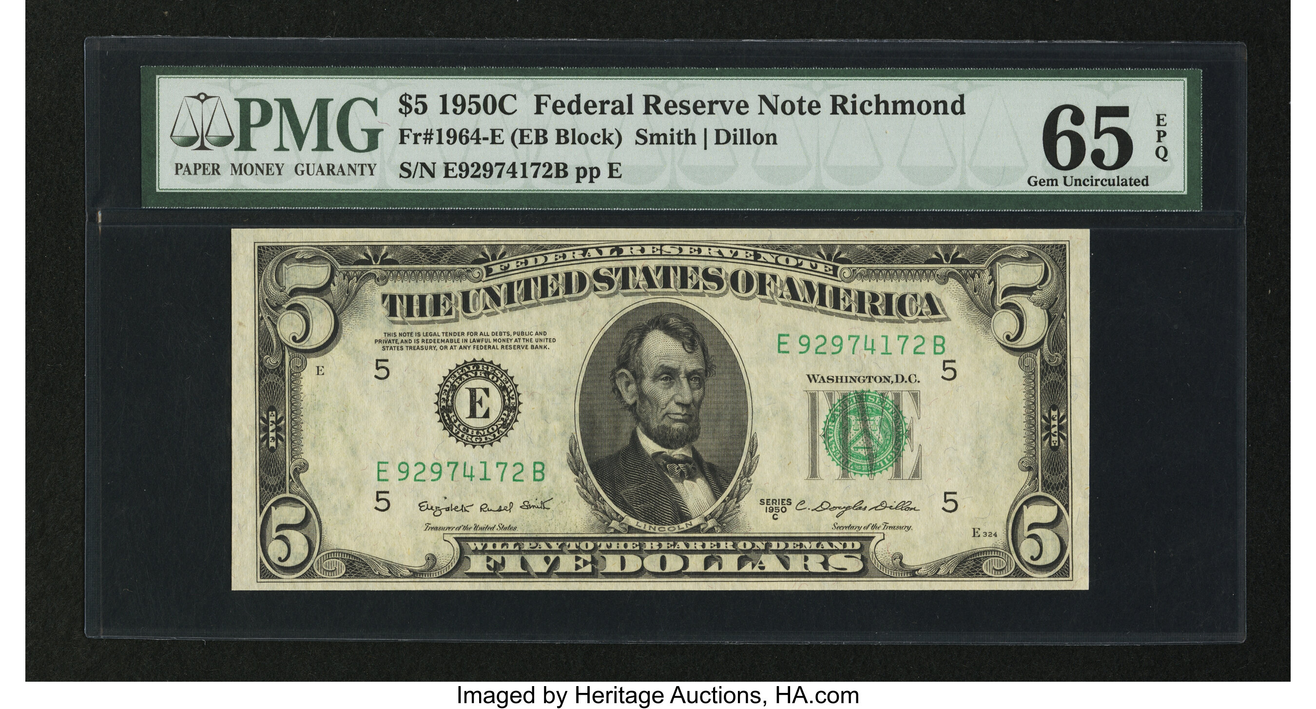 image for: Fr. 1964-E $5 1950C Federal Reserve Note. PMG Gem Uncirculated 65 EPQ....