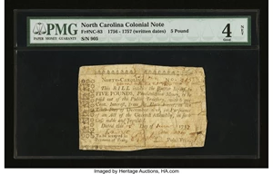 image for: North Carolina 1756 - 1757 (written dates) £5 PMG Good 4 Net....