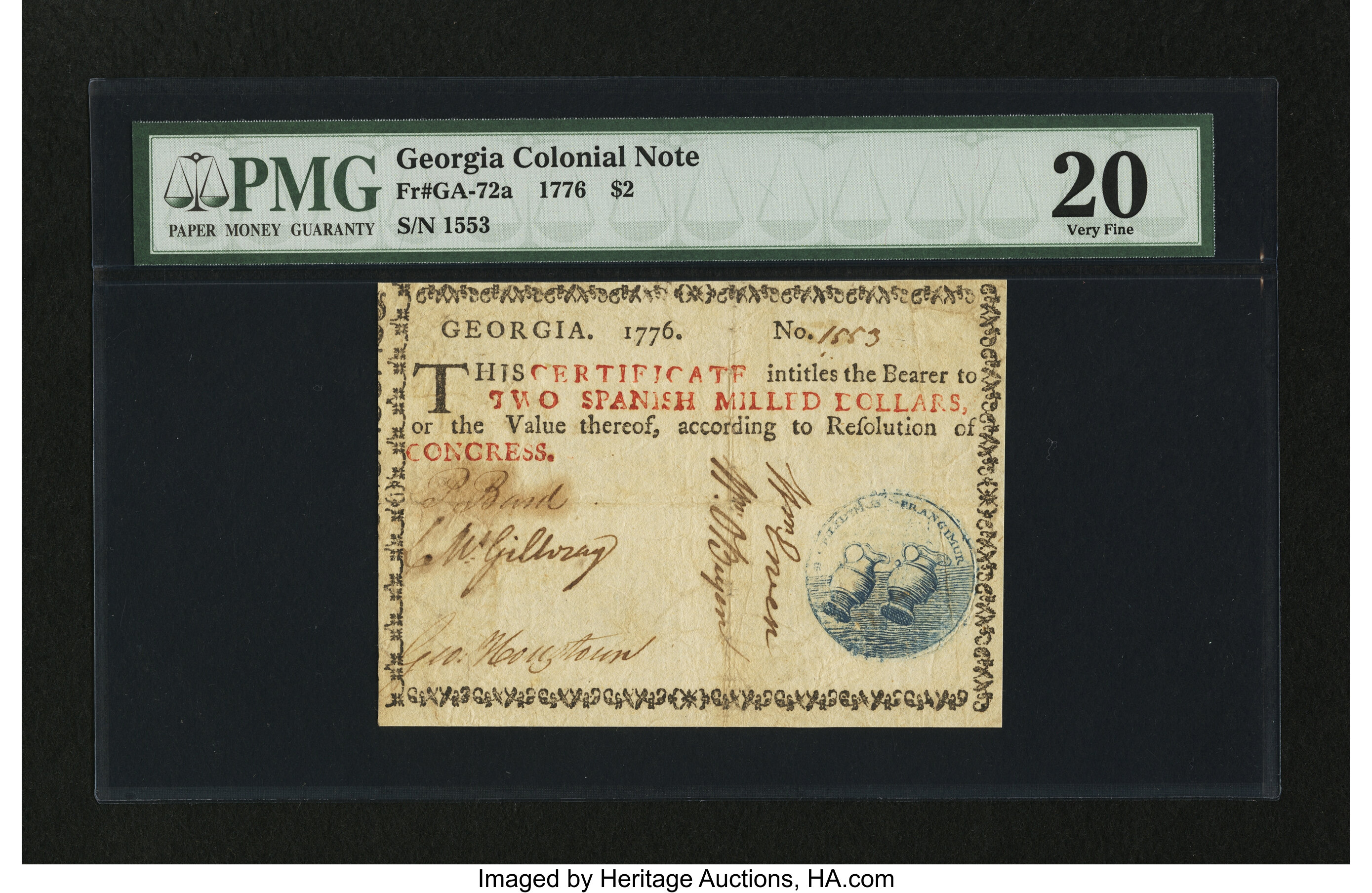 image for: Georgia 1776 $2 Blue Seal PMG Very Fine 20....