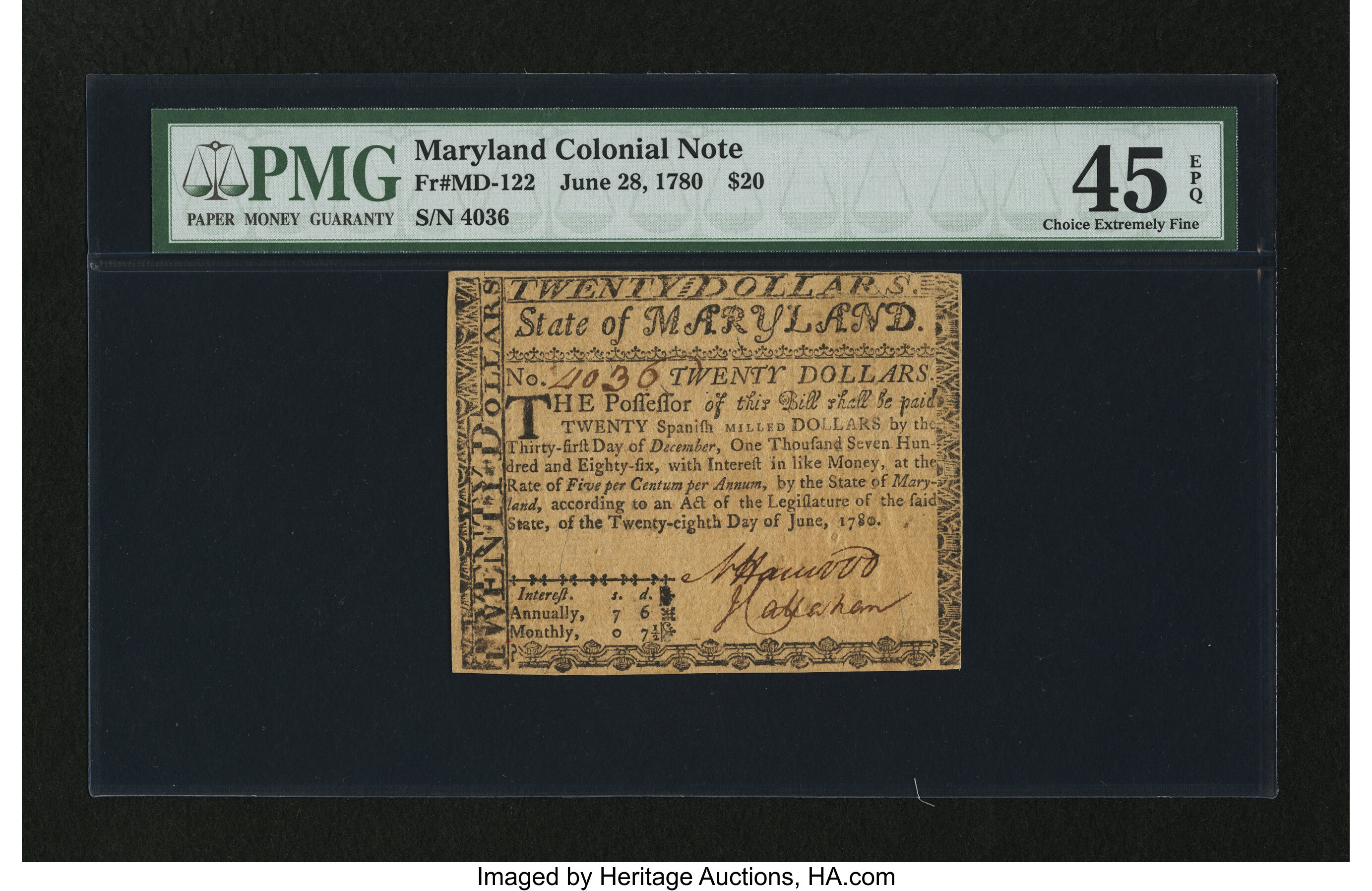 image for: Maryland June 28, 1780 $20 PMG Choice Extremely Fine 45 EPQ....