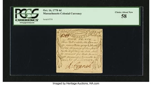 image for: Massachusetts October 16, 1778 4d PCGS Choice About New 58....