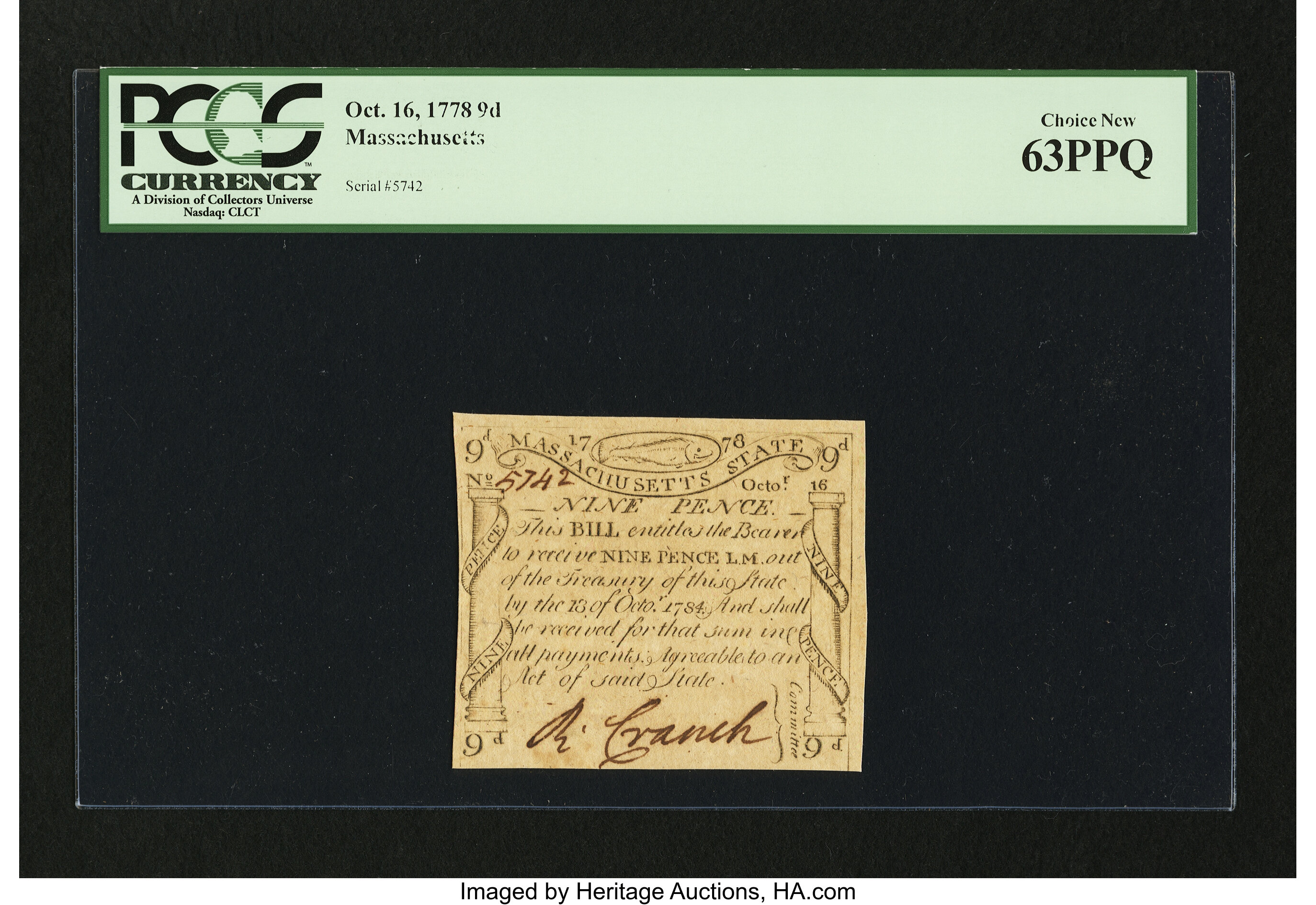 image for: Massachusetts October 16, 1778 9d PCGS Choice New 63PPQ....