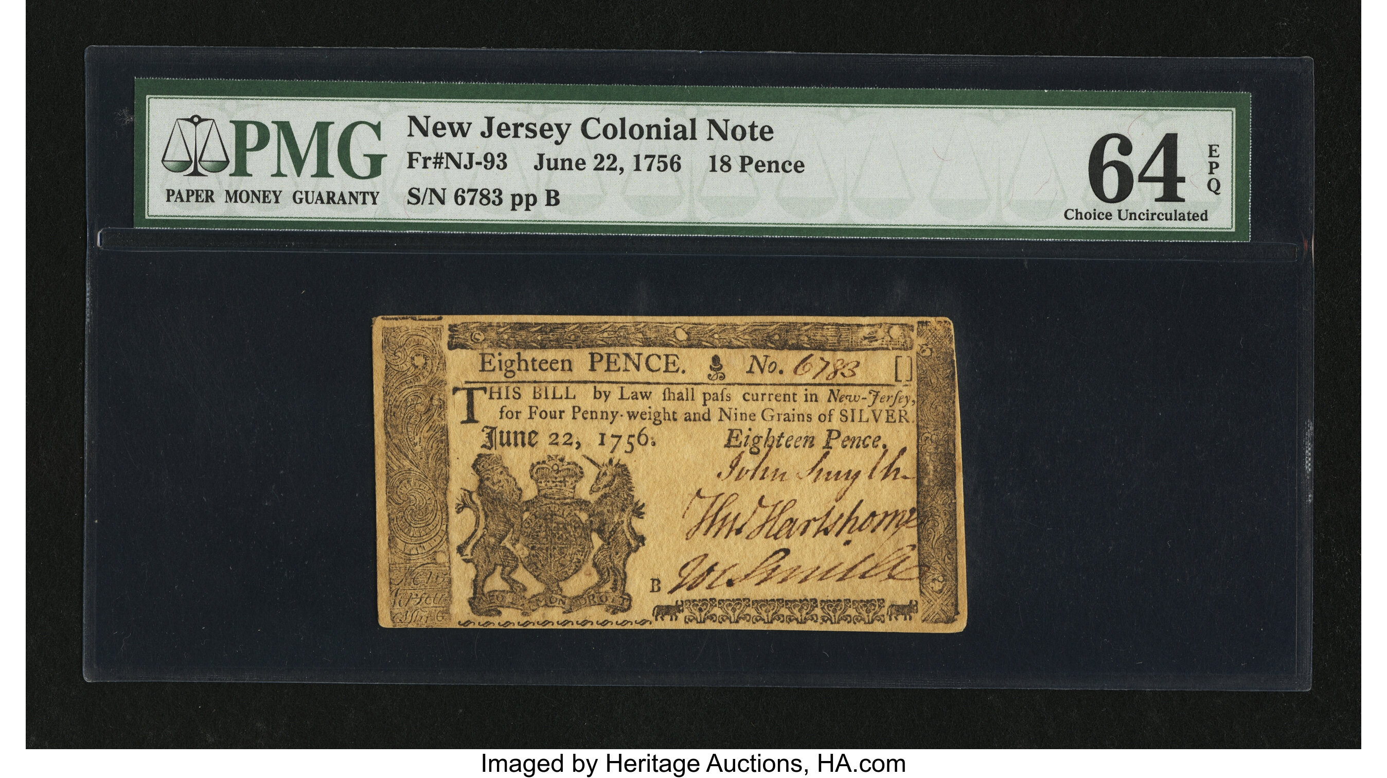 image for: New Jersey June 22, 1756 18d PMG Choice Uncirculated 64 EPQ....