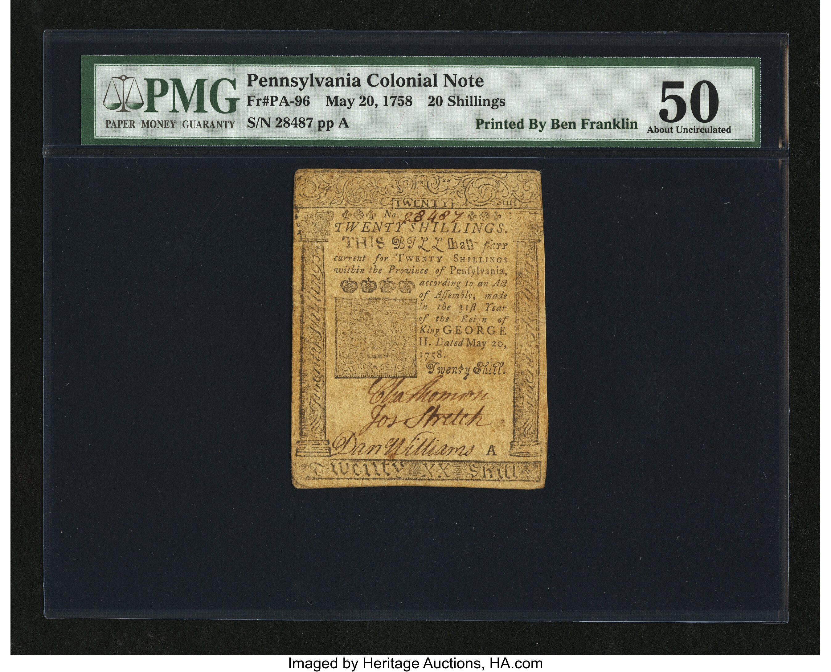 image for: Pennsylvania May 20, 1758 20s PMG About Uncirculated 50....