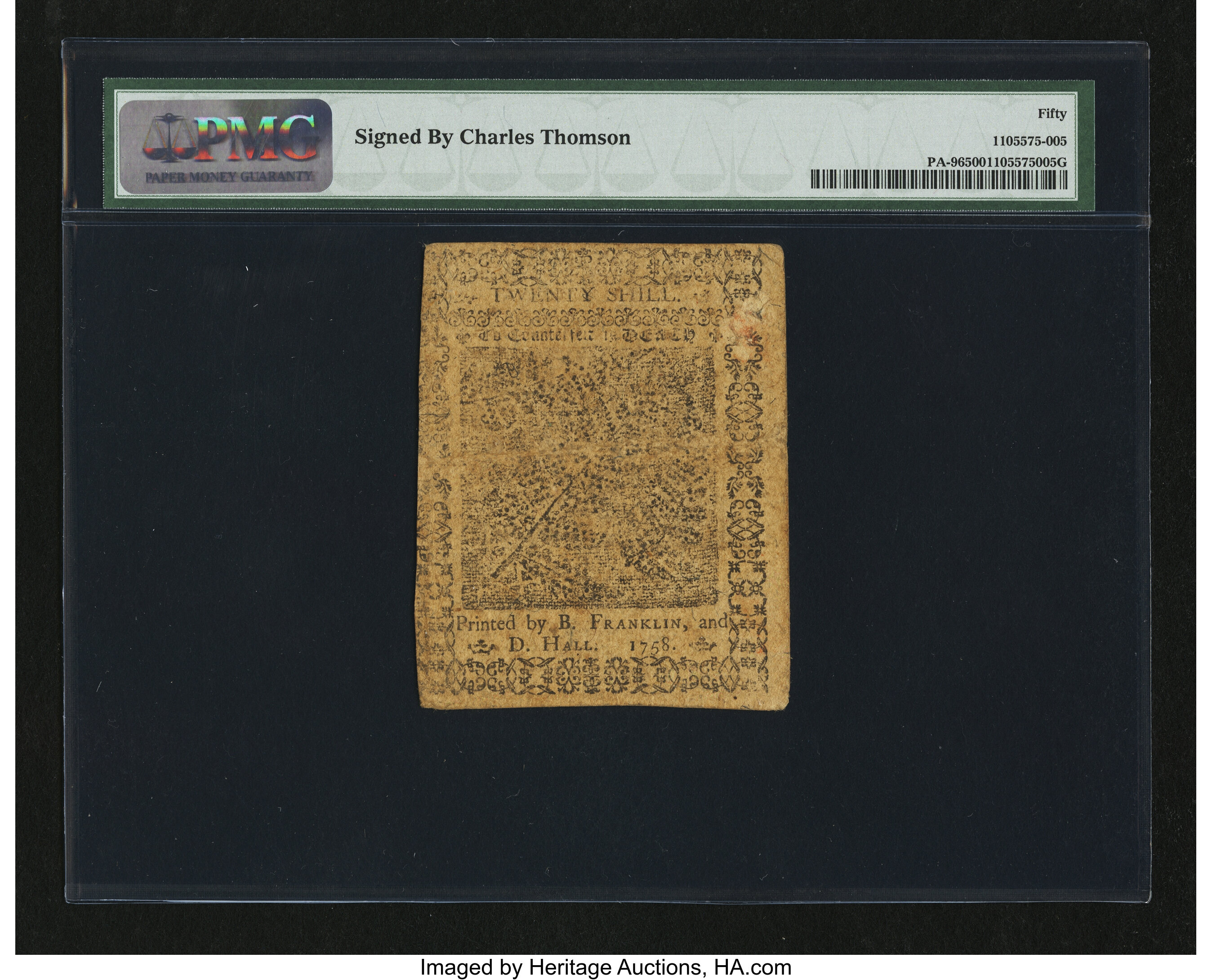 image for: Pennsylvania May 20, 1758 20s PMG About Uncirculated 50....