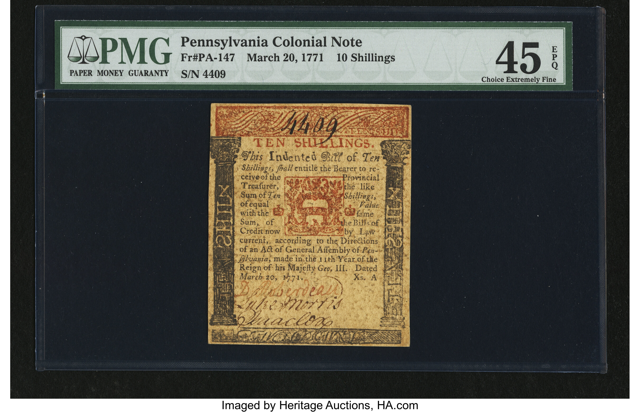 image for: Pennsylvania March 20, 1771 10s PMG Choice Extremely Fine 45 EPQ....