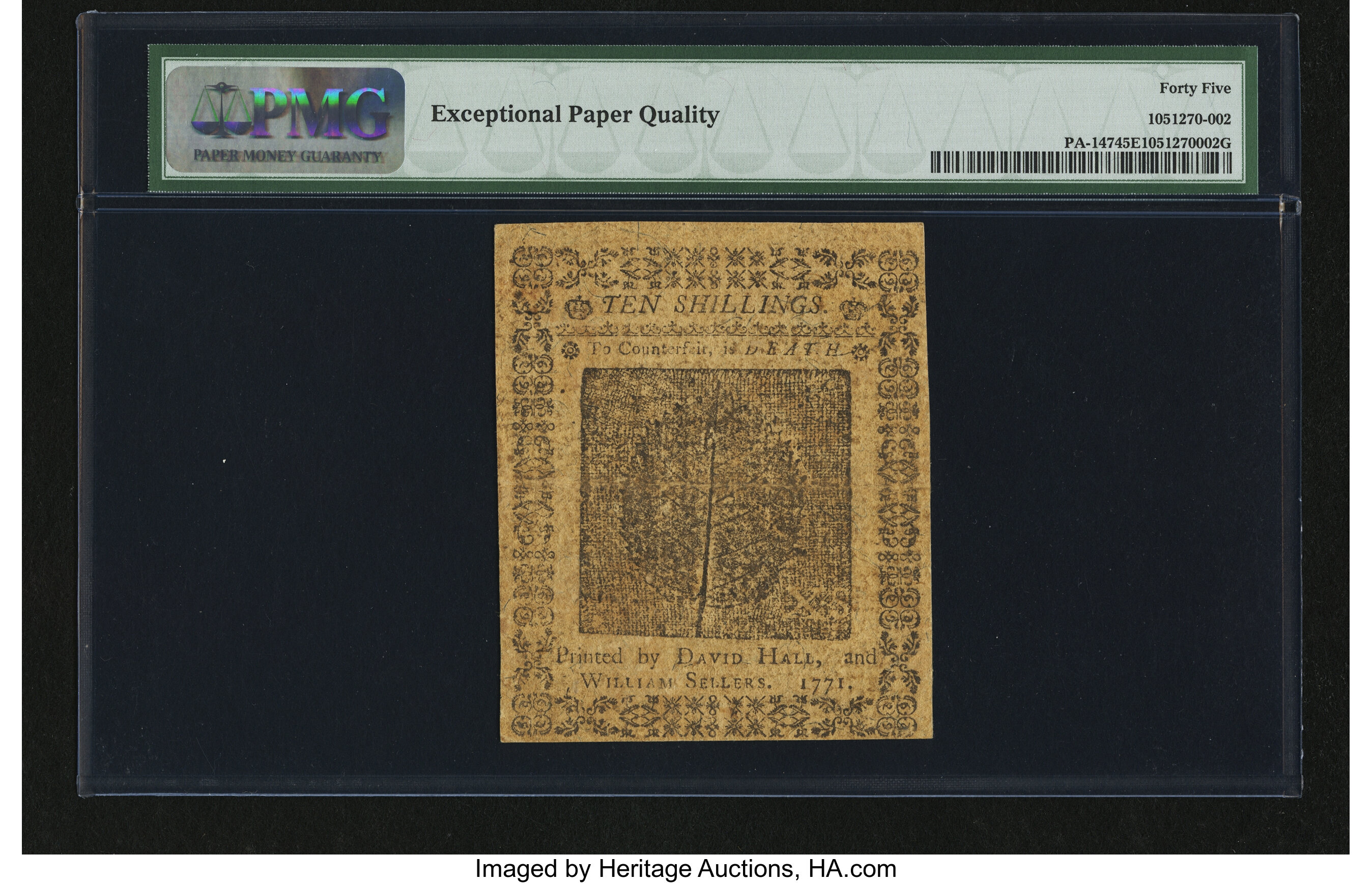 image for: Pennsylvania March 20, 1771 10s PMG Choice Extremely Fine 45 EPQ....