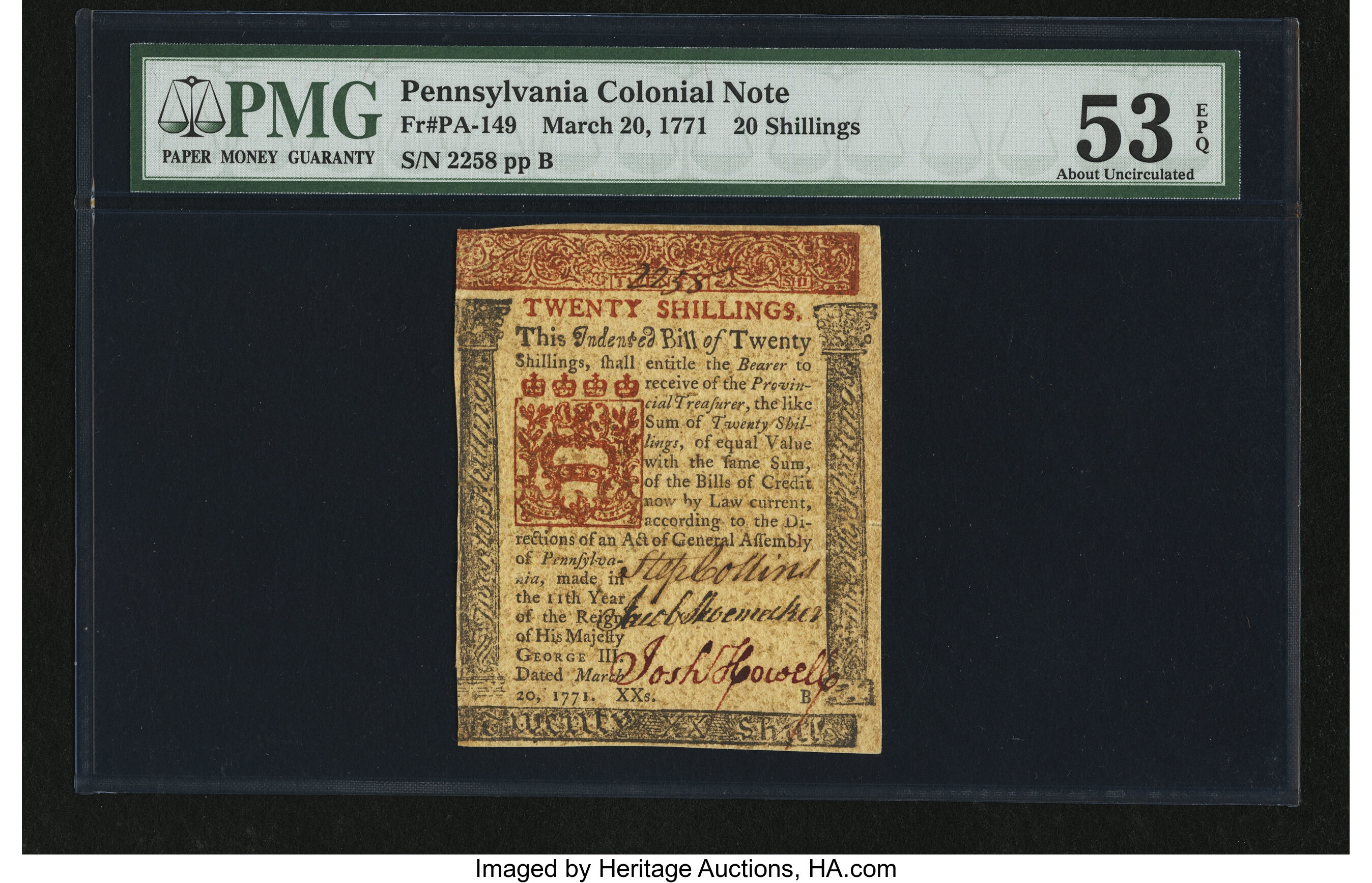 image for: Pennsylvania March 20, 1771 20s PMG About Uncirculated 53 EPQ....