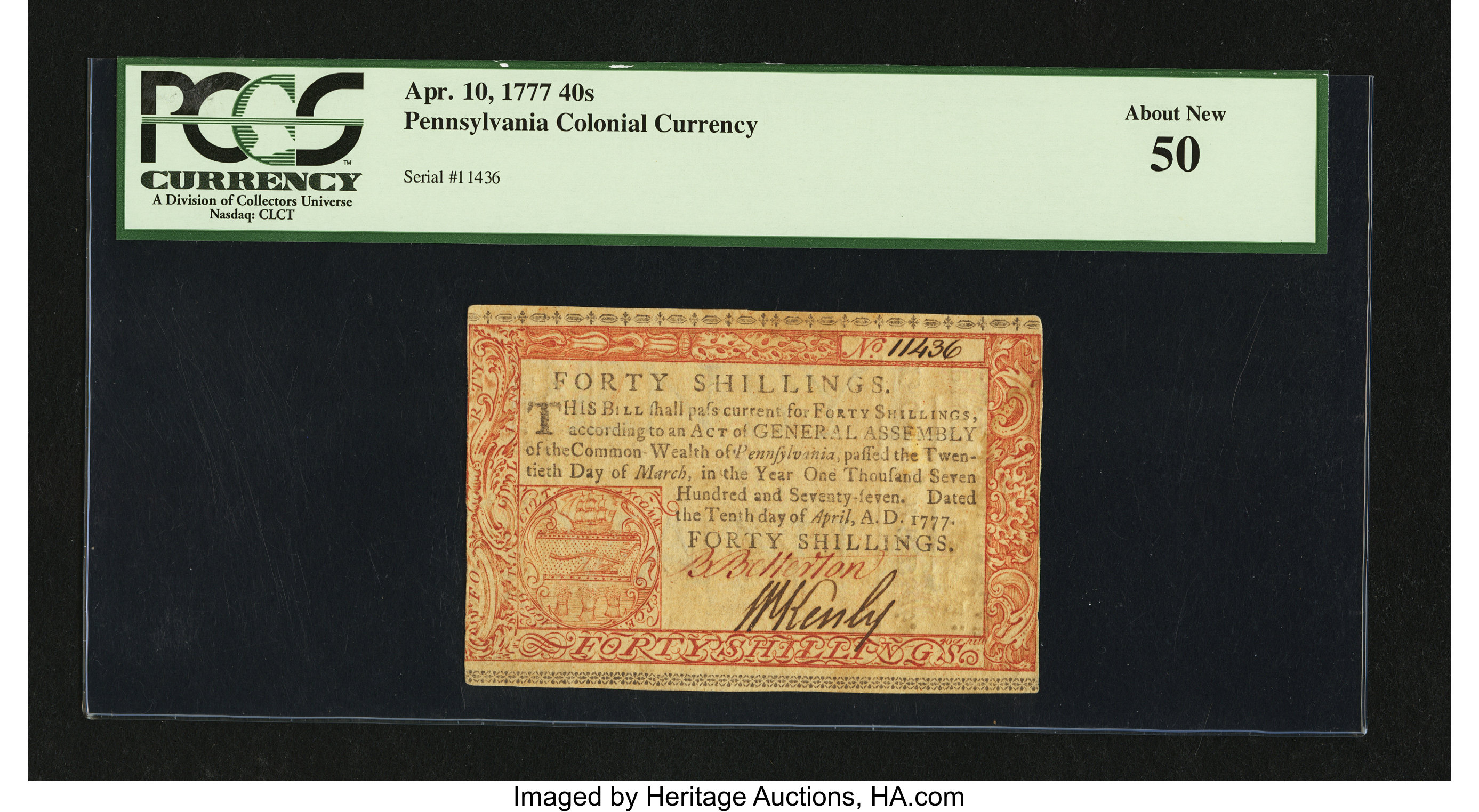 image for: Pennsylvania April 10, 1777 40s PCGS About New 50....