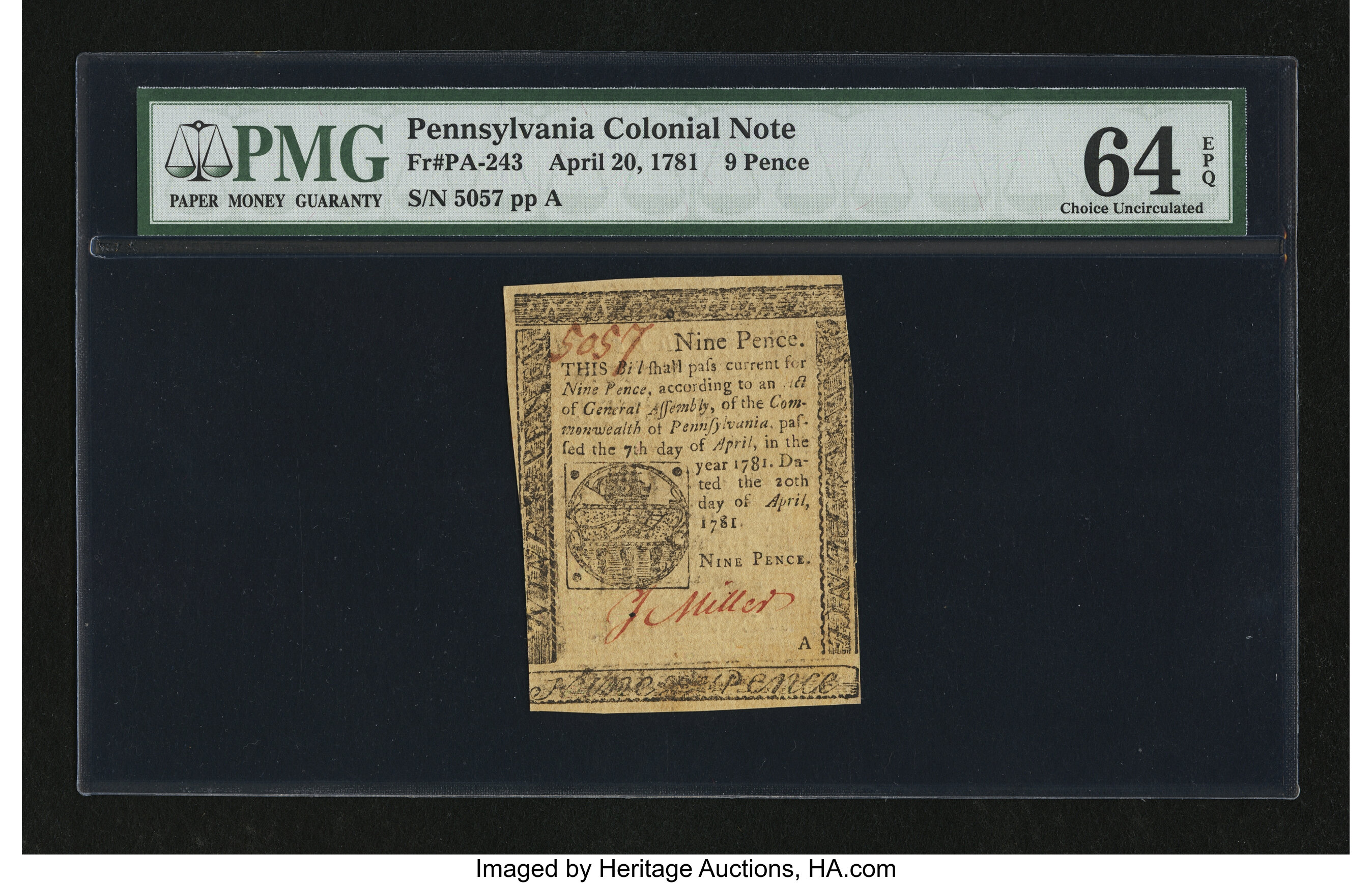 image for: Pennsylvania April 20, 1781 9d PMG Choice Uncirculated 64 EPQ....
