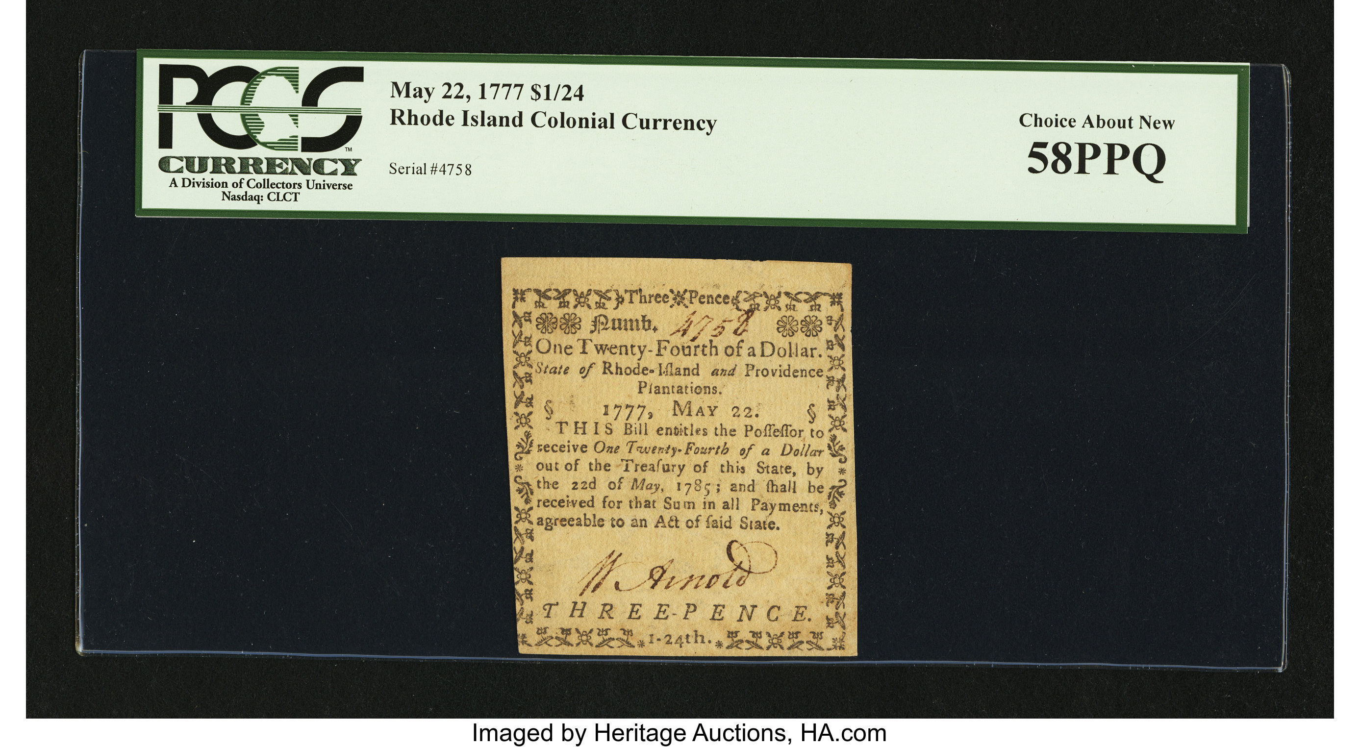 image for: Rhode Island May 22, 1777 $1/24 PCGS Choice About New 58PPQ....