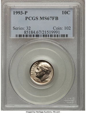 image for: 1993-P 10C MS67 Full Bands PCGS. PCGS Population (12/0). NGC Census: (1/0). Mintage: 766,179,968. (#85184)...