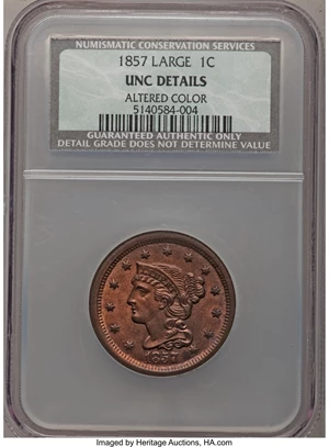 image for: 1857 1C Large Date--Altered Color--MS60 Red and Brown NCS. Unc Details. NGC Census: (0/58). PCGS Population (0/55). Min...