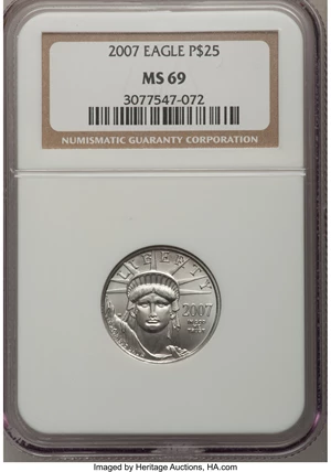 image for: 2007 $25 Quarter-Ounce American Platinum Eagle MS69 NGC. NGC Census: (0/0). PCGS Population (12/2). Numismedia Wsl. Price ...