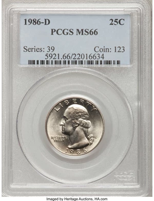 image for: 1986-D 25C MS66 PCGS. PCGS Population (107/9). NGC Census: (64/27). Mintage: 504,298,656. Numismedia Wsl. Price for problem...