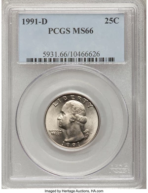image for: 1991-D 25C MS66 PCGS. PCGS Population (75/3). NGC Census: (11/2). Mintage: 630,966,720. (#5931)...