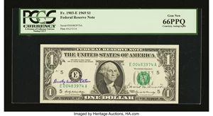 image for: Dual Courtesy Autograph Fr. 1903-E $1 1969 Federal Reserve Note. PCGS Gem New 66PPQ....