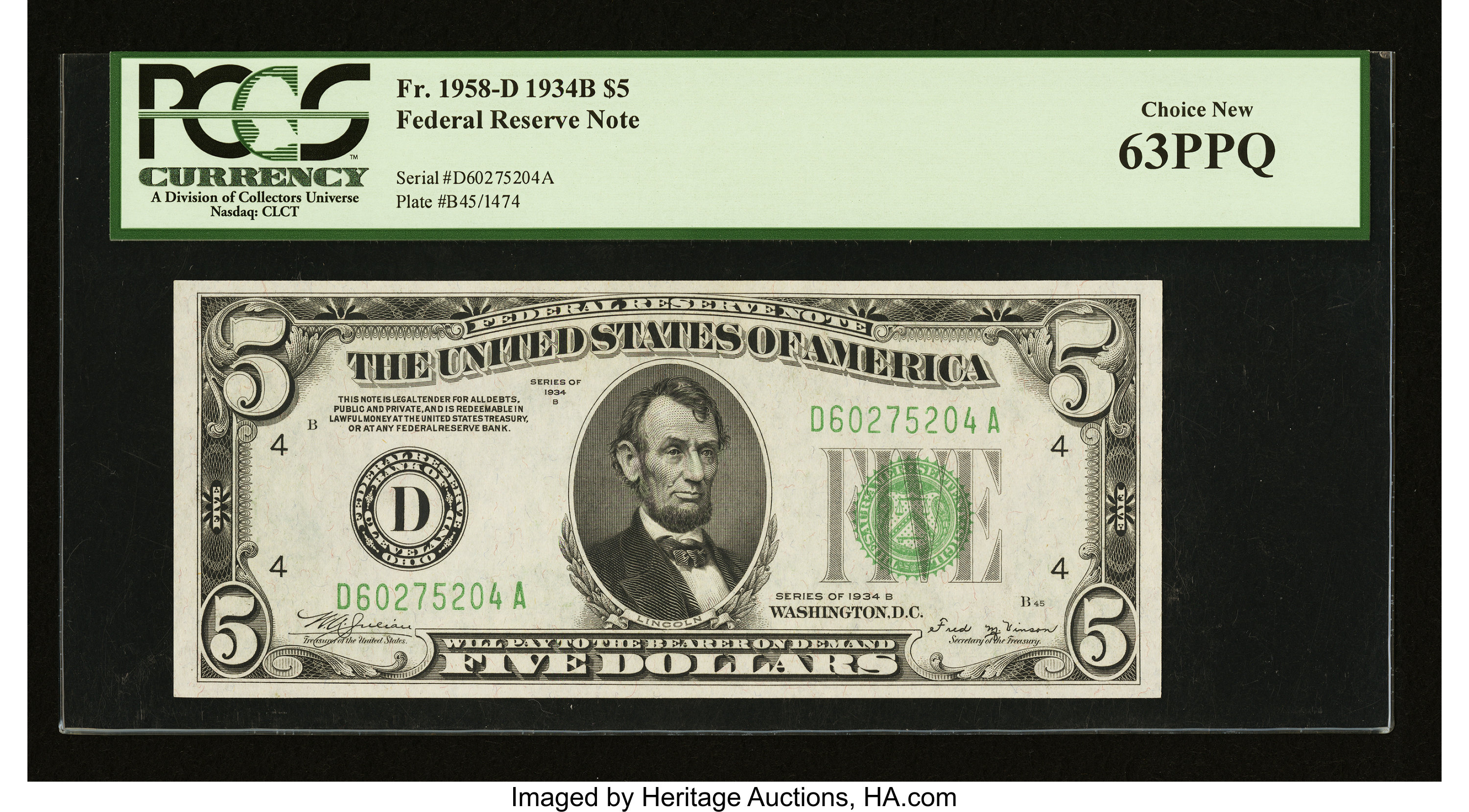 image for: Fr. 1958-D $5 1934B Federal Reserve Note. PCGS Choice New 63PPQ....
