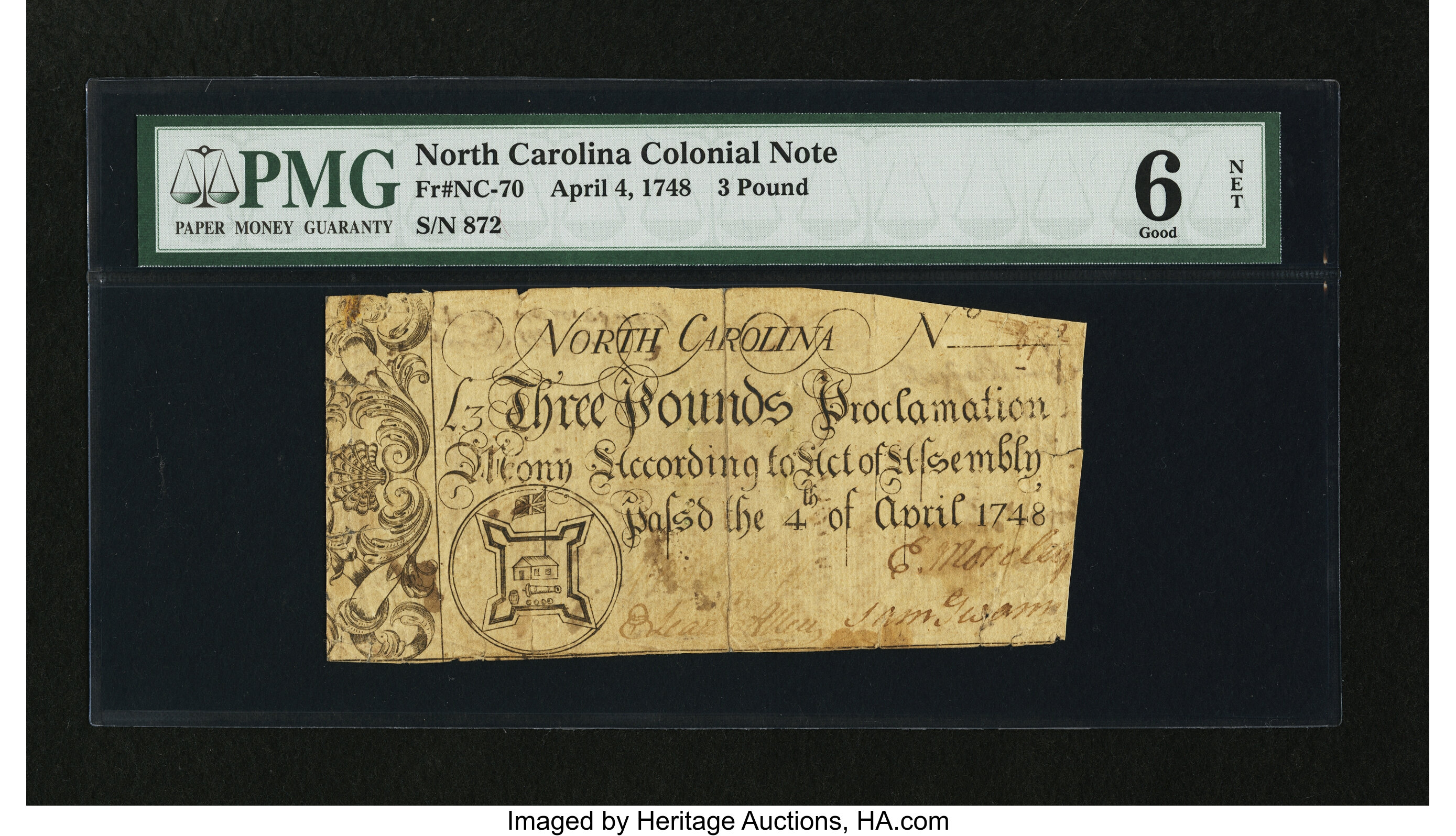 image for: North Carolina April 4, 1748 £3 PMG Good 6 Net....