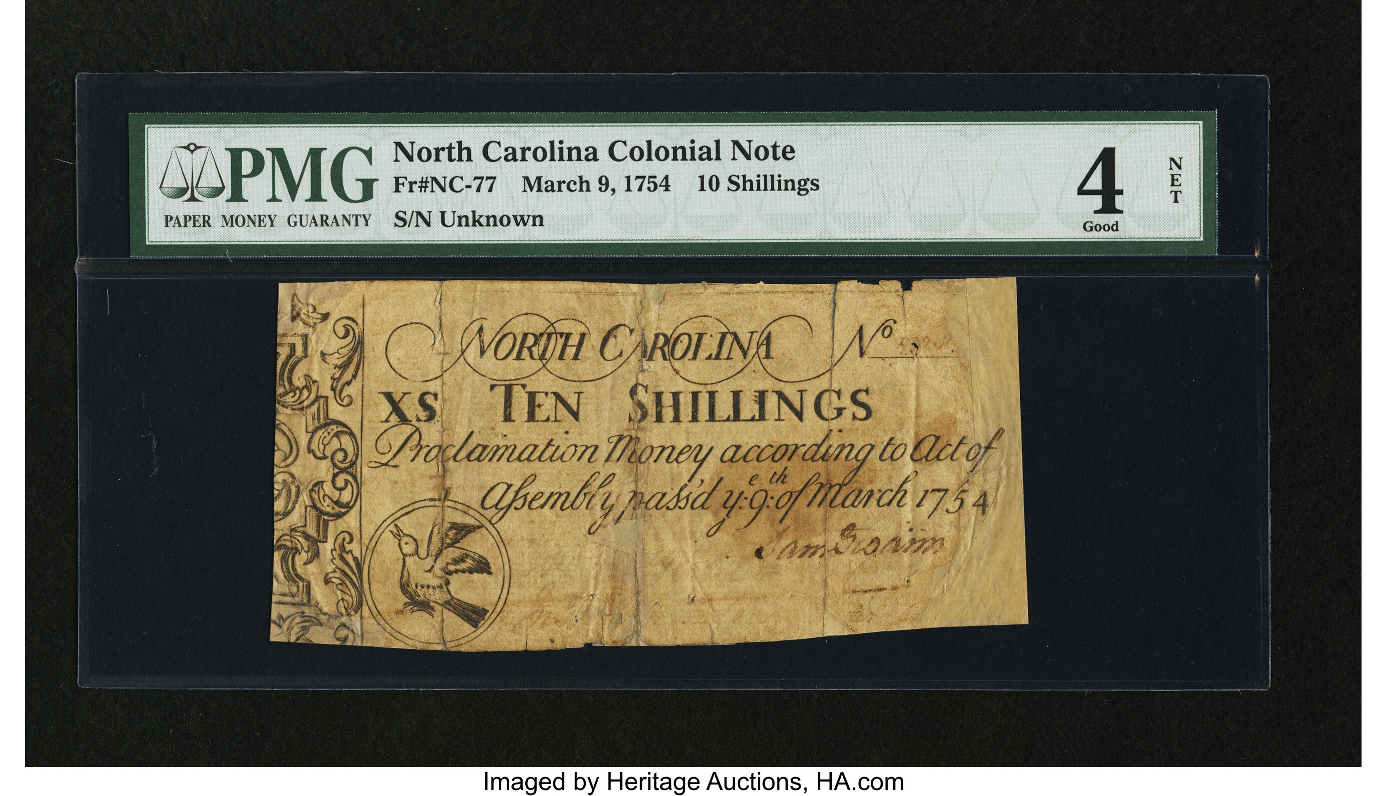 image for: North Carolina March 9, 1754 10s PMG Good 4 Net....