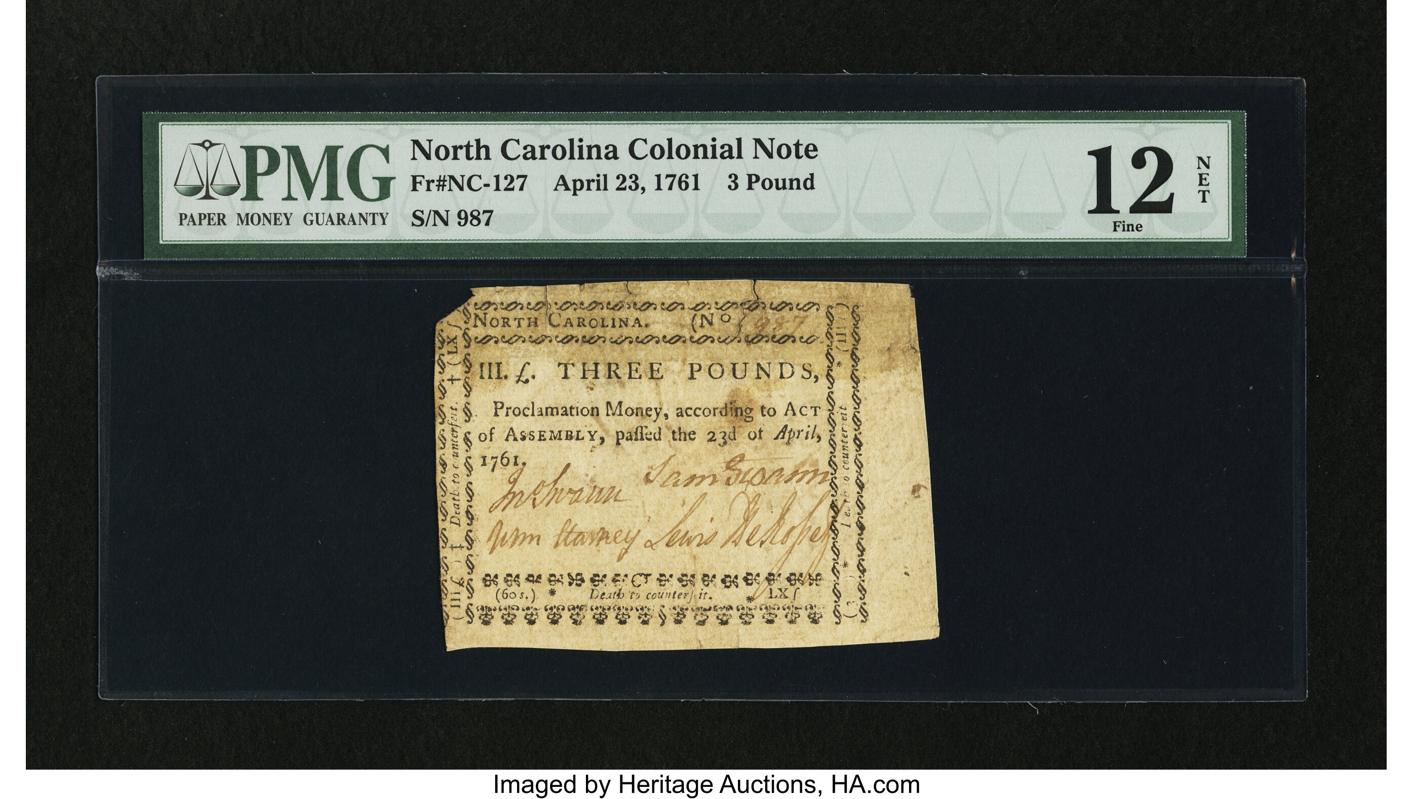 image for: North Carolina April 23, 1761 £3 PMG Fine 12 Net....
