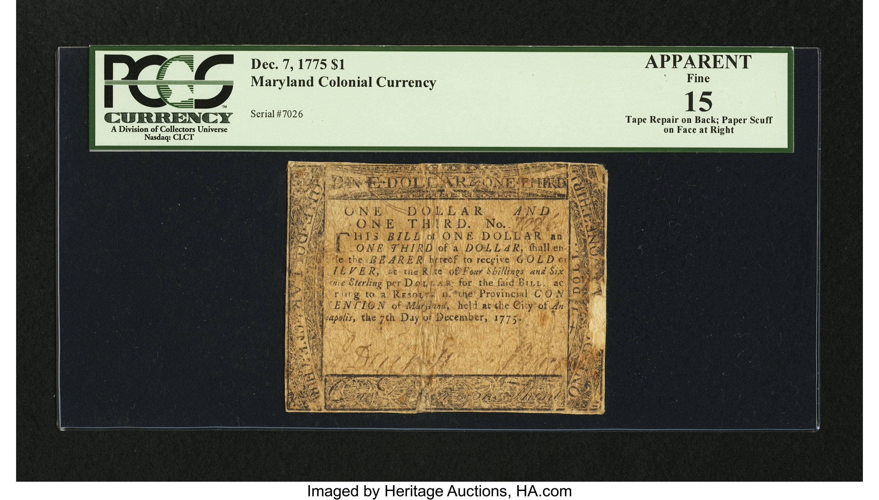 image for: Maryland December 7, 1775 $1 PCGS Apparent Fine 15....