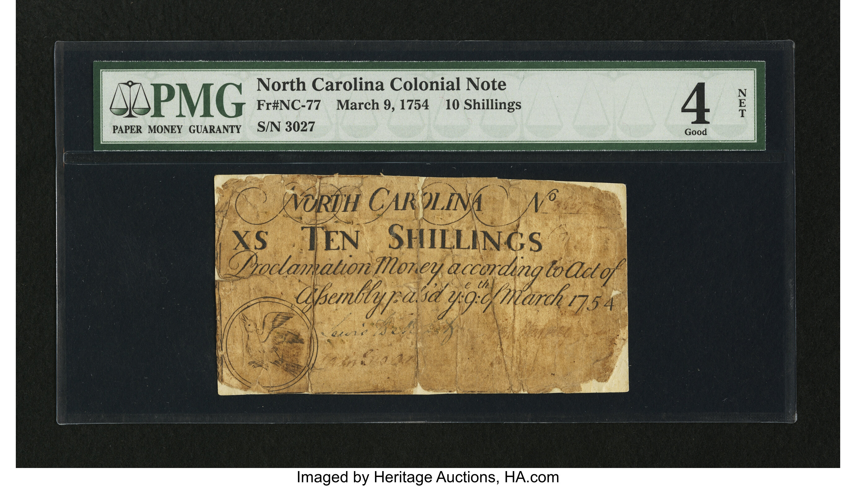 image for: North Carolina March 9, 1754 10s PMG Good 4 Net....