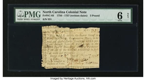 image for: North Carolina 1756 - 1757 (written dates) £5 PMG Good 6 Net....