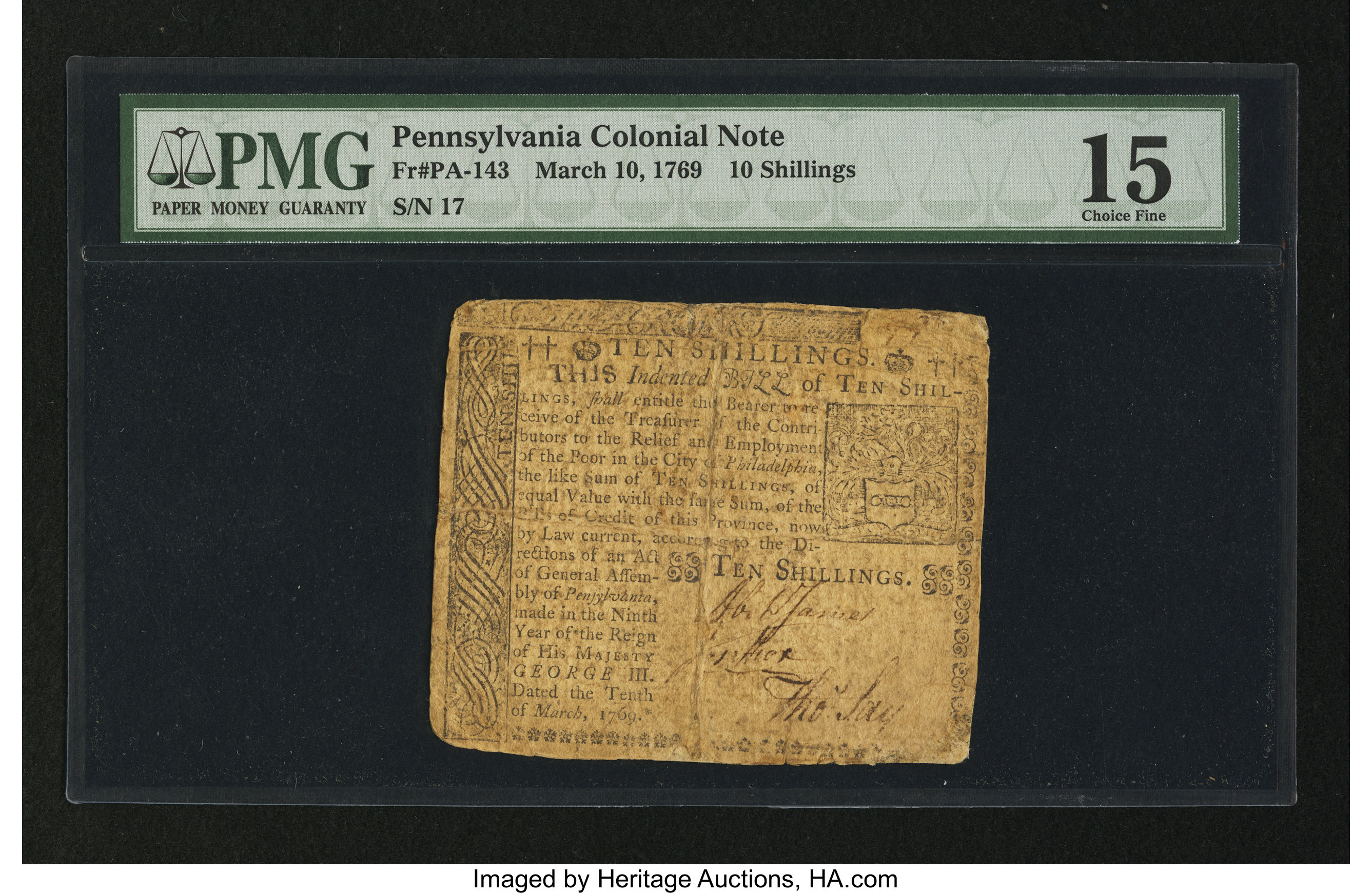 image for: Pennsylvania March 10, 1769 10s PMG Choice Fine 15....