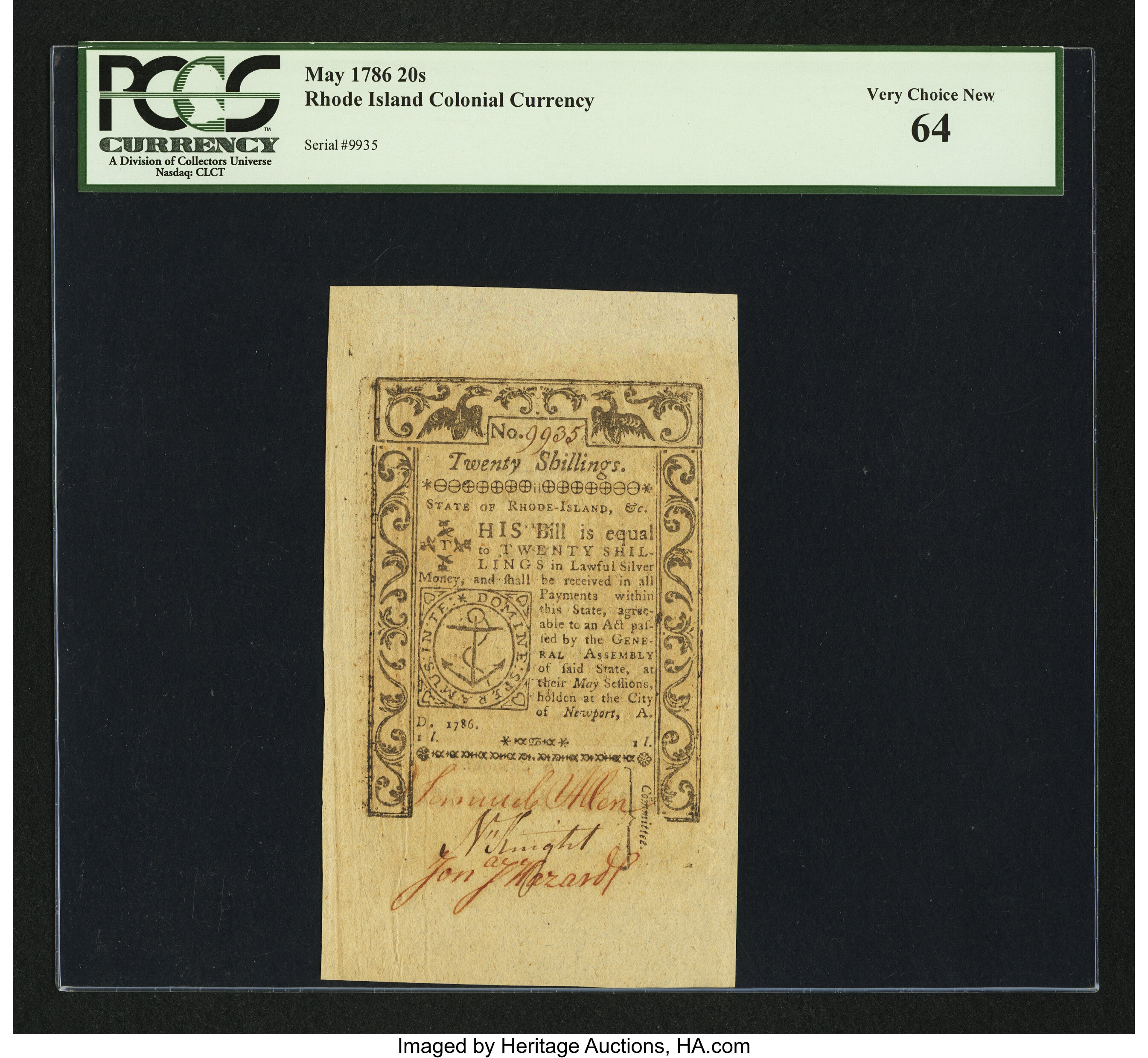 image for: Rhode Island May 1786 20s PCGS Very Choice New 64....