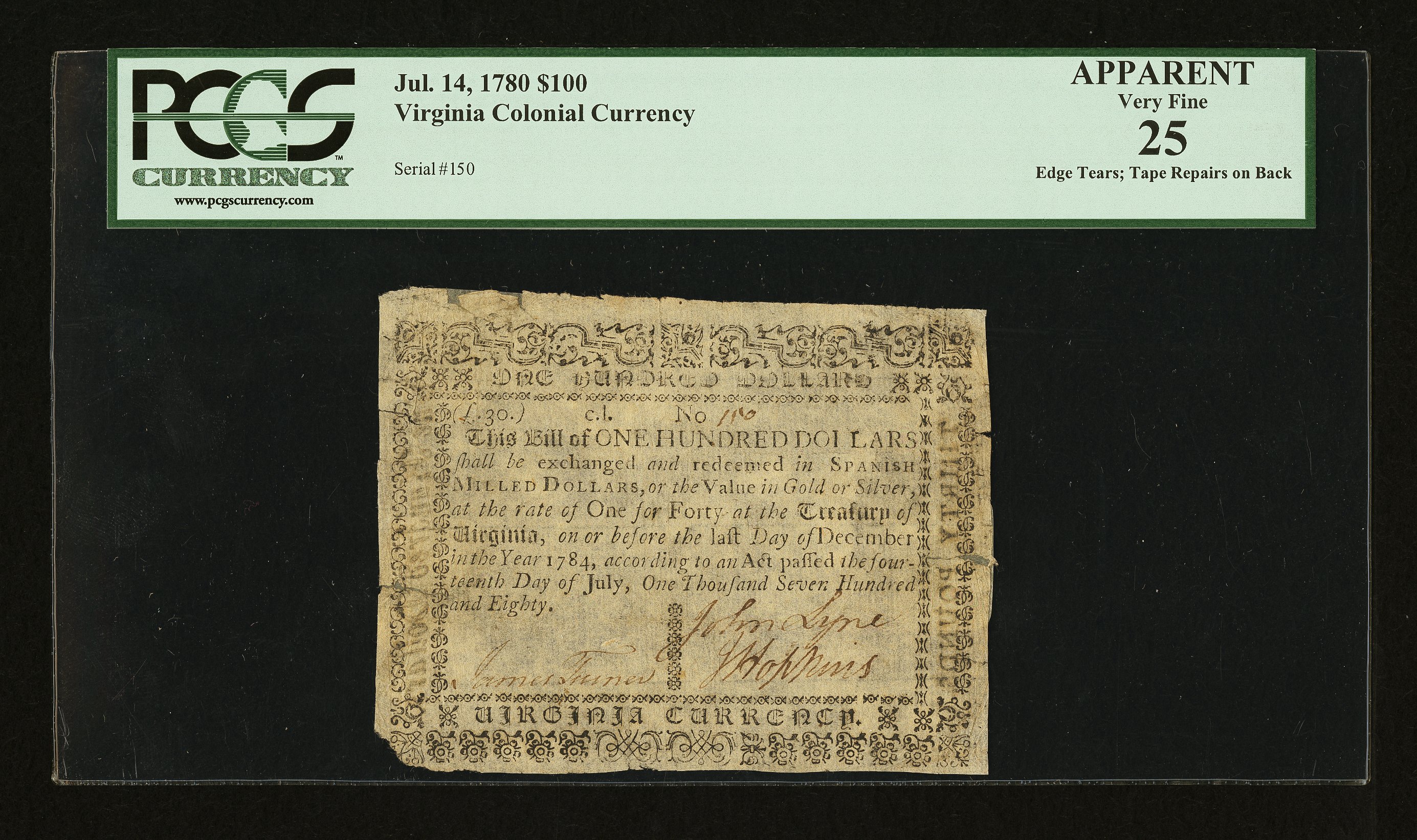 image for: Virginia July 14, 1780 $100 PCGS Apparent Very Fine 25....