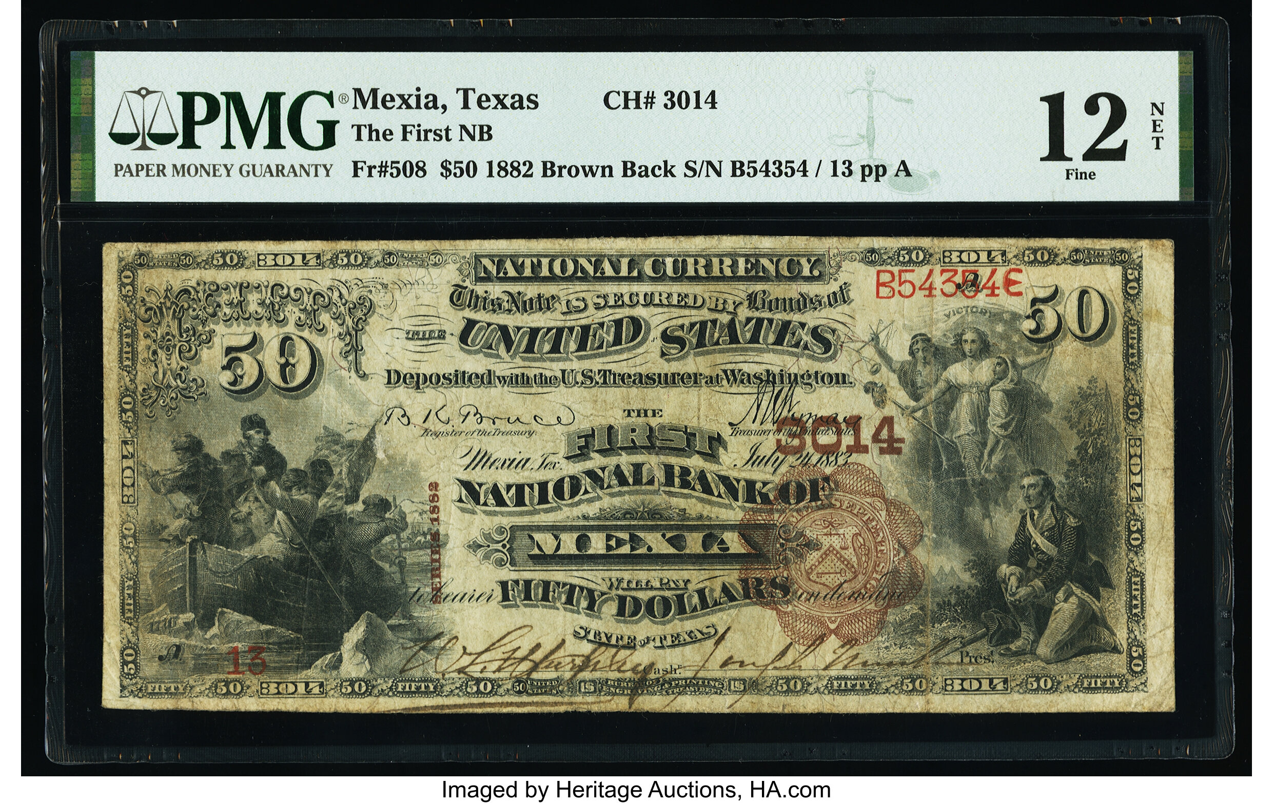image for: Mexia, TX - $50 1882 Brown Back Fr. 508 The First National Bank Ch. # 3014 PMG Fine 12 Net....