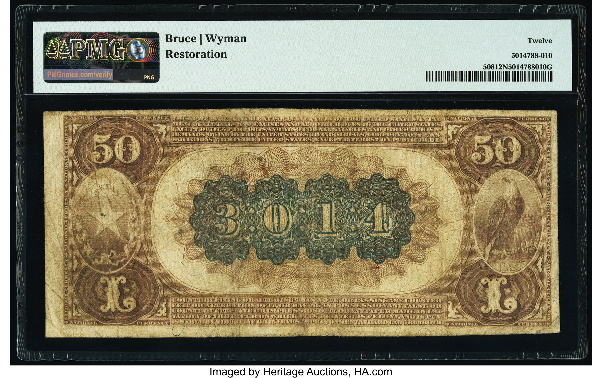 image for: Mexia, TX - $50 1882 Brown Back Fr. 508 The First National Bank Ch. # 3014 PMG Fine 12 Net....
