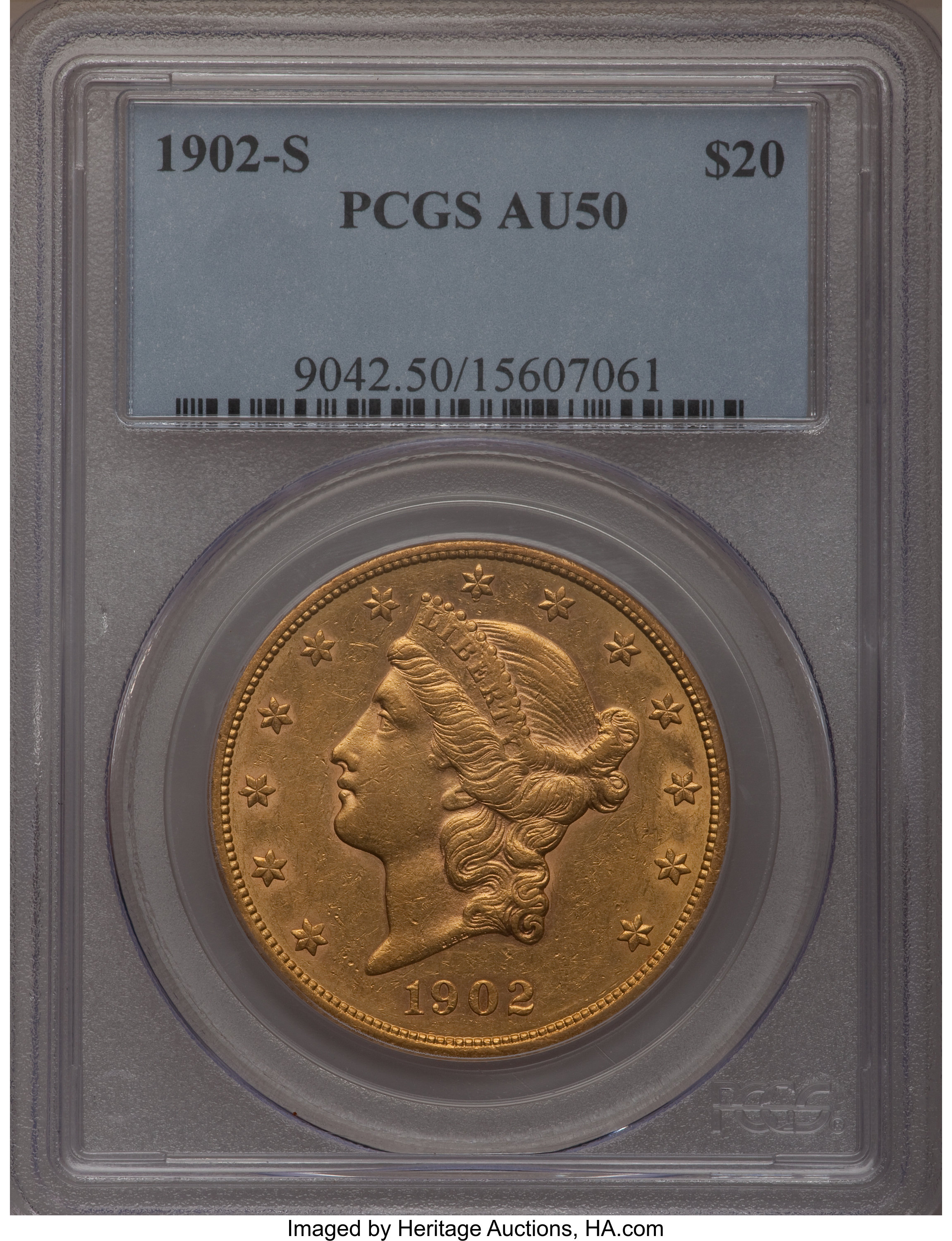 1902-S $20 AU50 PCGS. PCGS Population (12/3180). NGC Census: (6/3731). Mintage: 1,753,625. Numismedia Wsl. Price for proble...