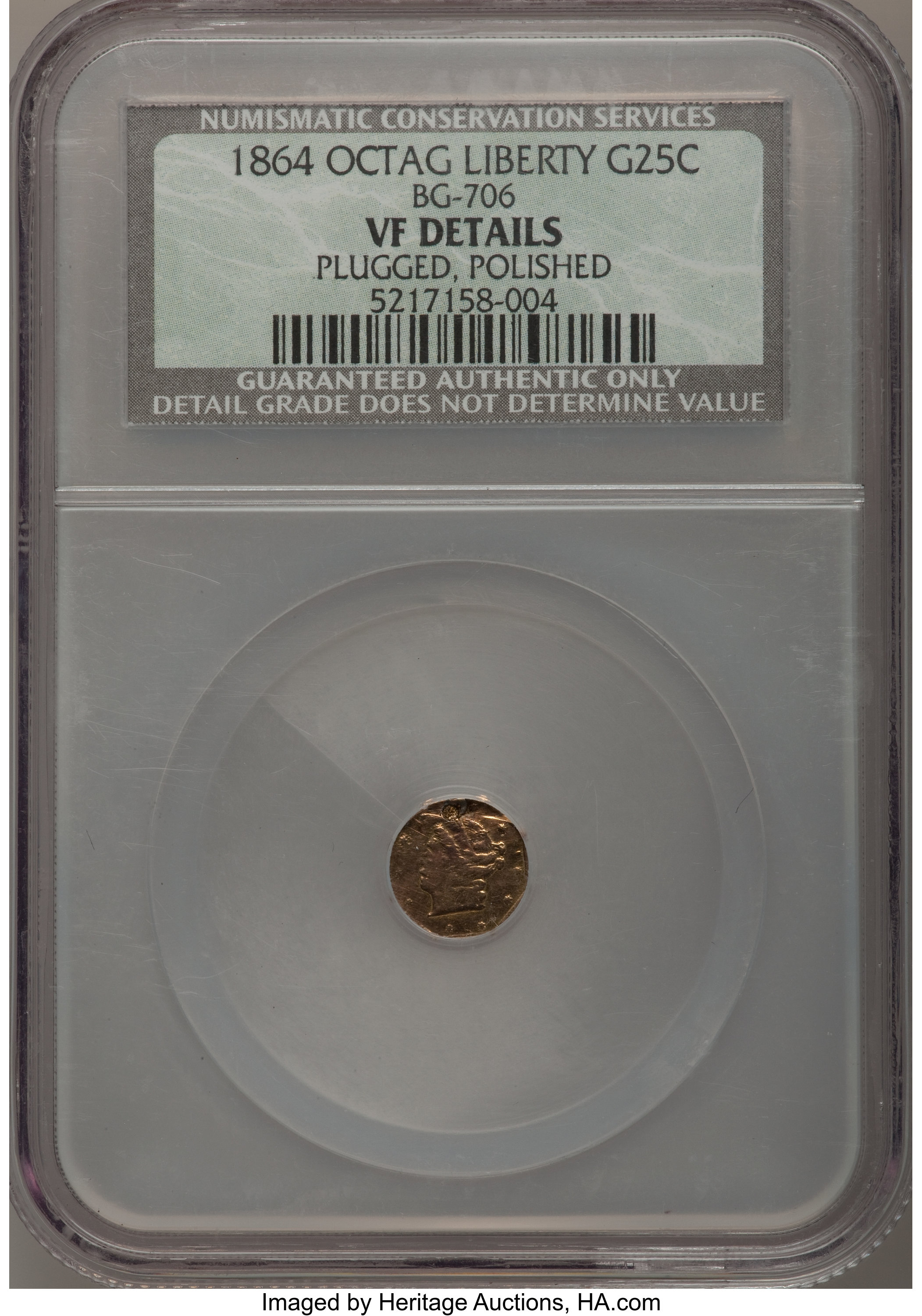 image for: 1864 25C Liberty Octagonal 25 Cents, BG-706, High R.5,--Plugged, Polished--NCS. VF Details. NGC Census: (0/0). PCGS Populat...