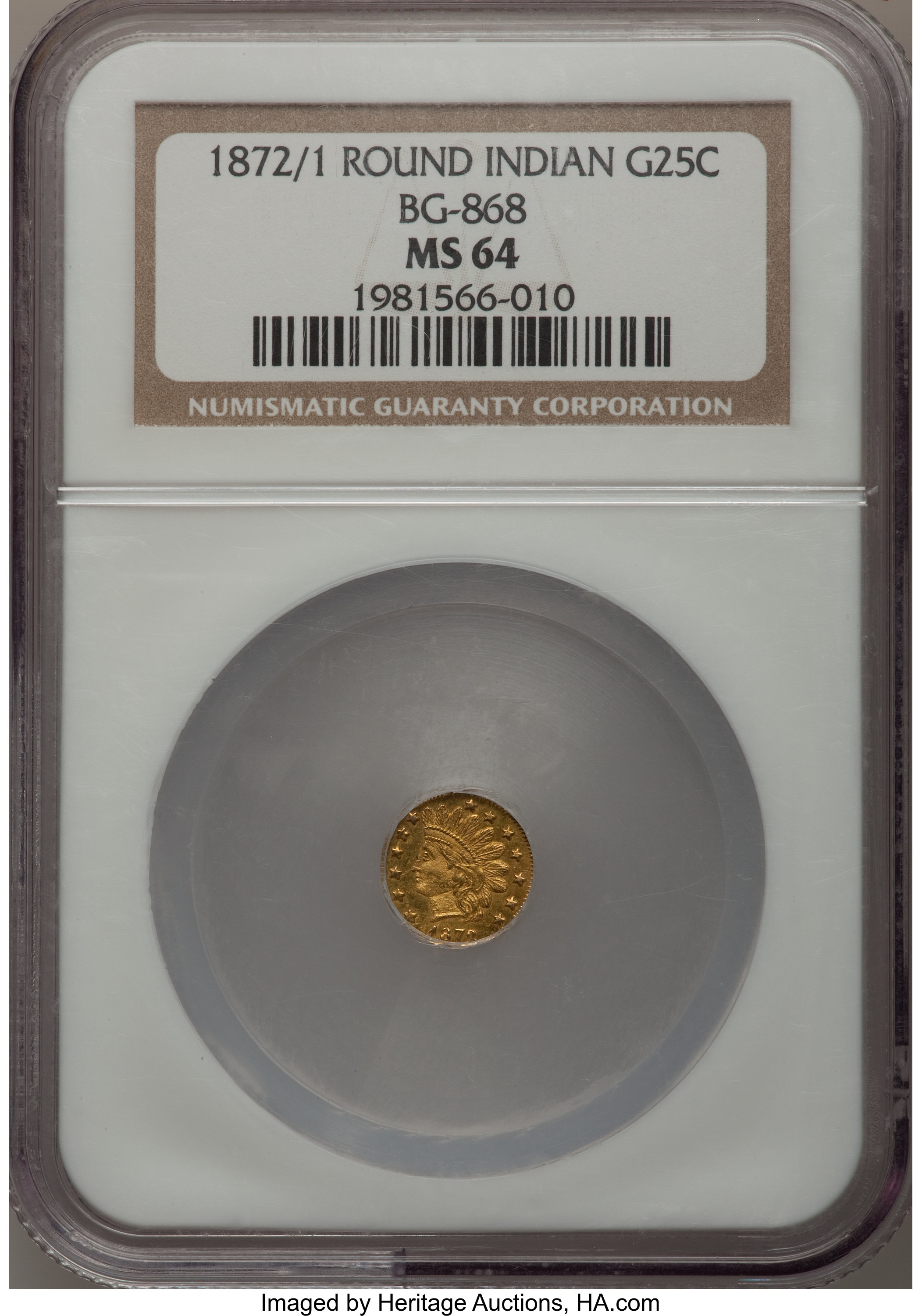 image for: 1872/1 25C Indian Round 25 Cents, BG-868, High R.4, MS64 NGC. NGC Census: (3/4). PCGS Population (13/19).   (#10729)...